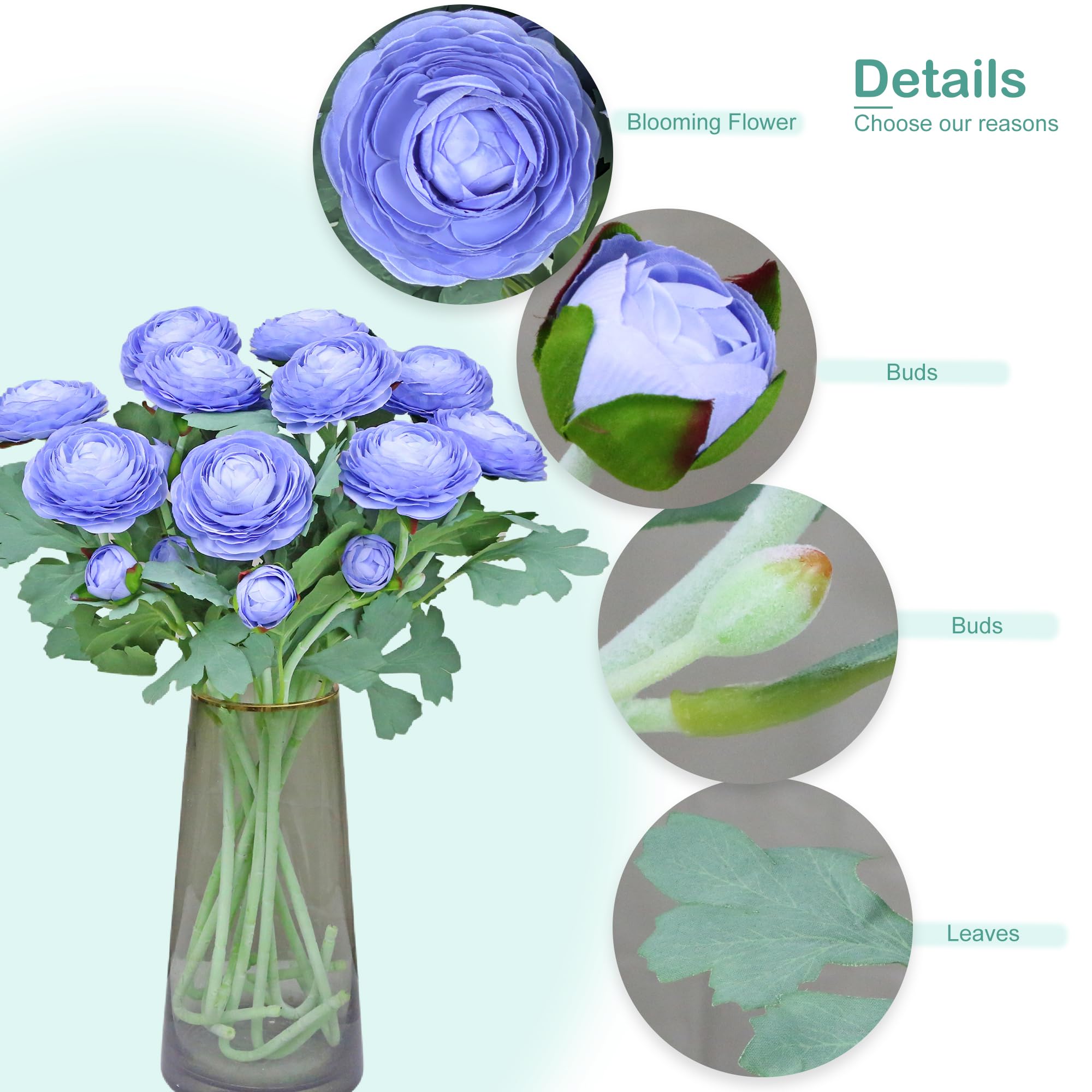 Real Touch Artificial Ranunculus Flowers - Silk Ranunculus Bouquet with Stems (Blue, 10pcs) for Wedding Centerpieces, Home Decor & Party Arrangements