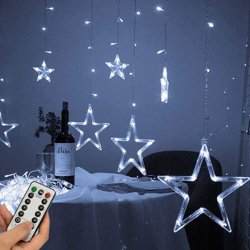 138 LED Star Curtain Lights - 12 Stars USB Powered with 8 Lighting Modes for Christmas Decor, Wedding Party, Garden & Indoor/Outdoor Decorations (White) - Perfect for Bedroom, Window, Balcony and Holiday Displays