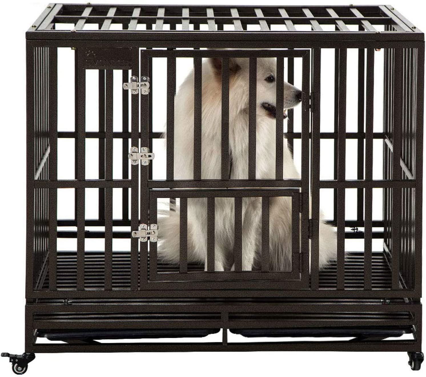 SMONTER 42 Inch Heavy Duty Metal Dog Crate - Large I-Shaped Pet Kennel with Lockable Wheels, Brown - Secure Indoor/Outdoor Cage for Dogs, Puppies & Pets - Perfect for Home, Travel & Vet Visits