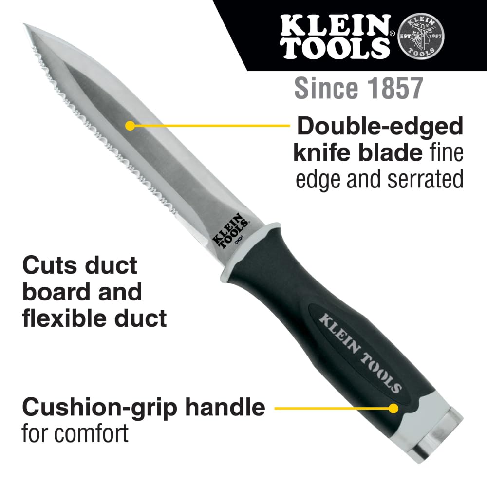 Klein Tools DK06 Serrated Stainless Steel Duct Knife with Sheath - Professional HVAC Knife for Cutting Flexible Duct & Duct Board | Perfect for HVAC Installation, Ductwork Repair & Construction Projects