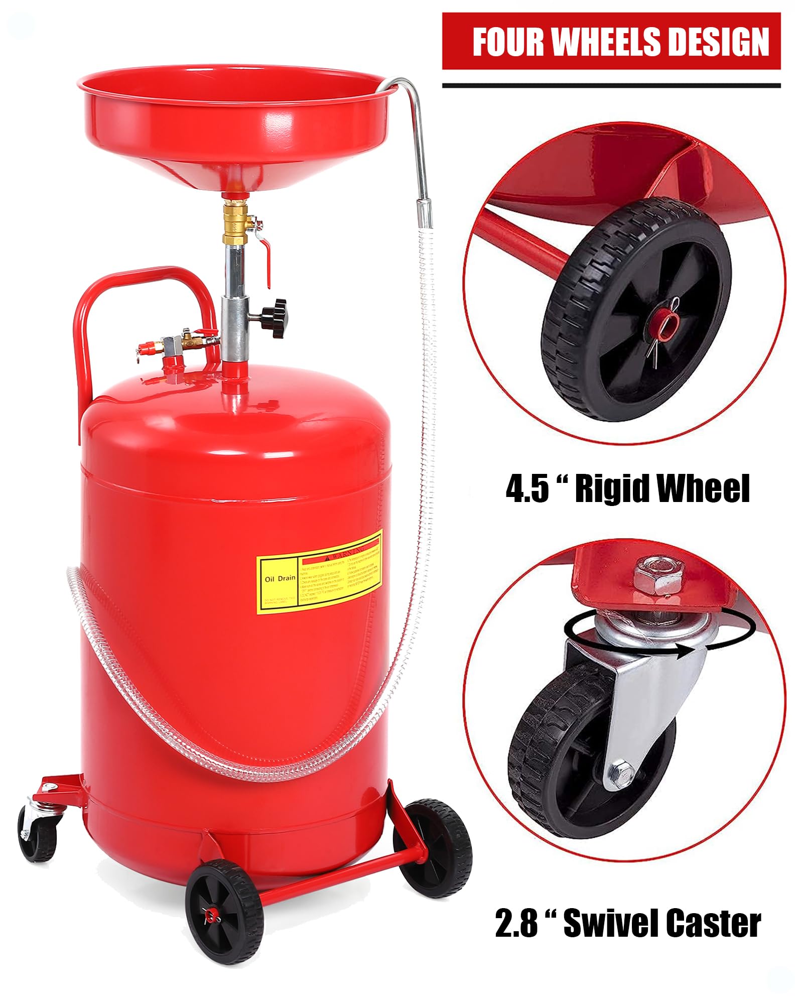 GARVEE 18 Gallon Portable Oil Drain Tank - Air Operated Waste Oil Container with Adjustable Funnel Height & Wheels for Easy Transport - Ideal for Car, Truck & SUV Oil Changes in Garages & Auto Shops
