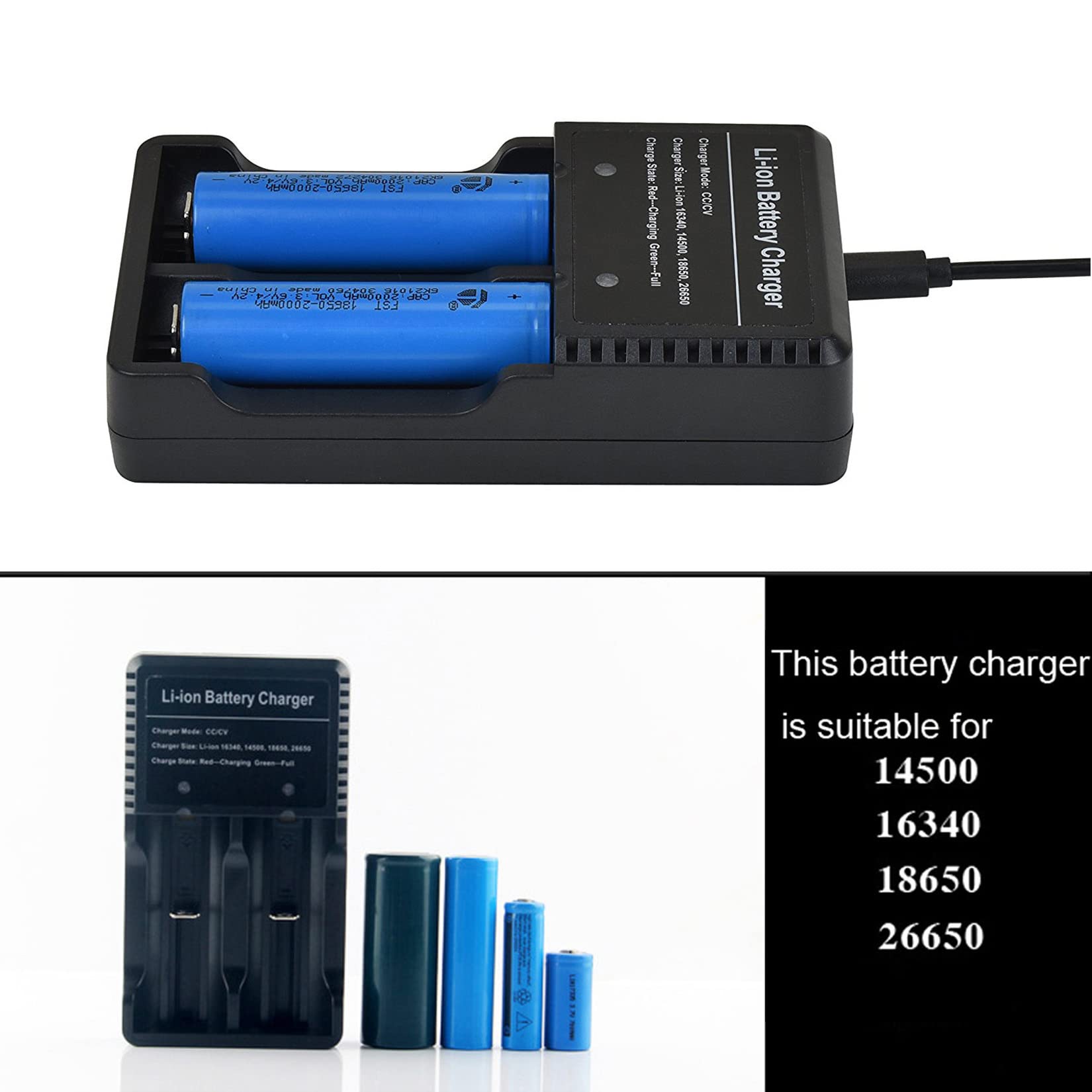Universal 2-Bay Smart Fast Charger for 3.7V Lithium Batteries - 26650, 18650, 14500 Rechargeable Battery Charger (Batteries Not Included) - Perfect for Vape Mods, Flashlights, and Electronic Devices