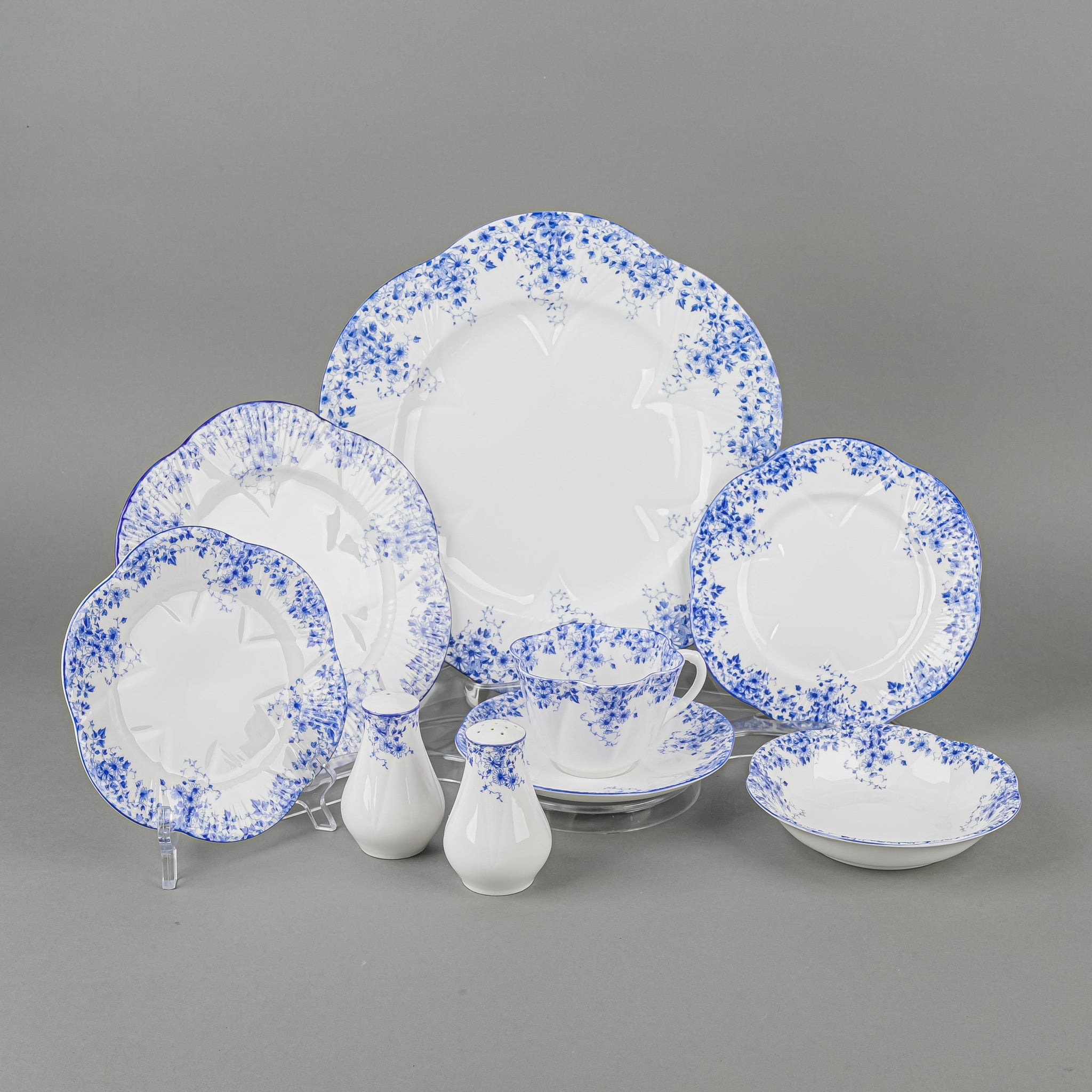 SHELLEY Dainty Blue 51-Piece Dinnerware Set - Elegant Porcelain Plates, Bowls & Cups for Wedding, Bridal Shower & Special Occasions