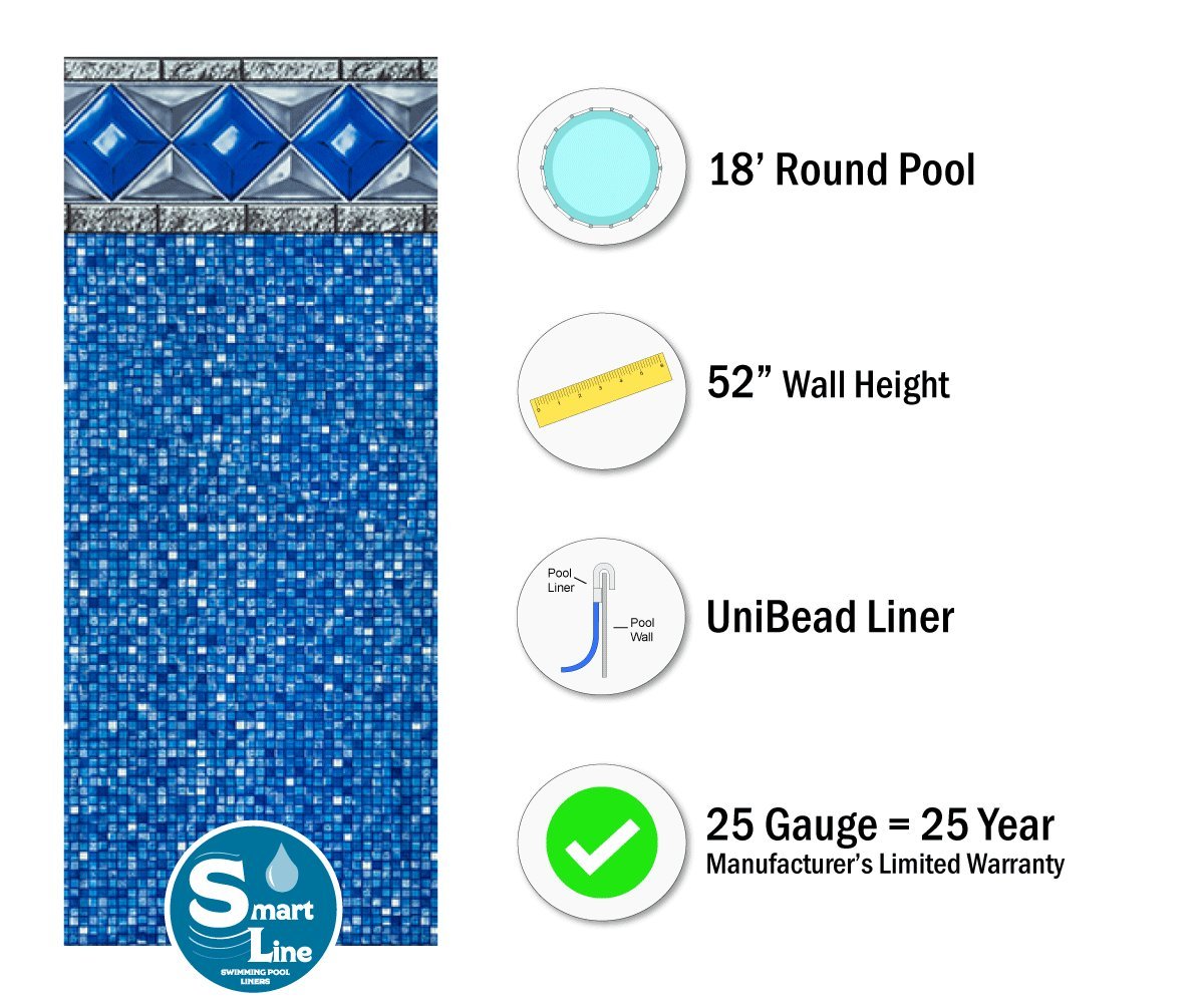 Smartline Crystal Tile 18-Foot Round Pool Liner - UniBead Style for Steel Sided Above-Ground Pools | 52-Inch Wall Height | 25 Gauge Virgin Vinyl | Includes Universal Gasket Kit | Perfect for Backyard Swimming, Summer Relaxation & Family Fun