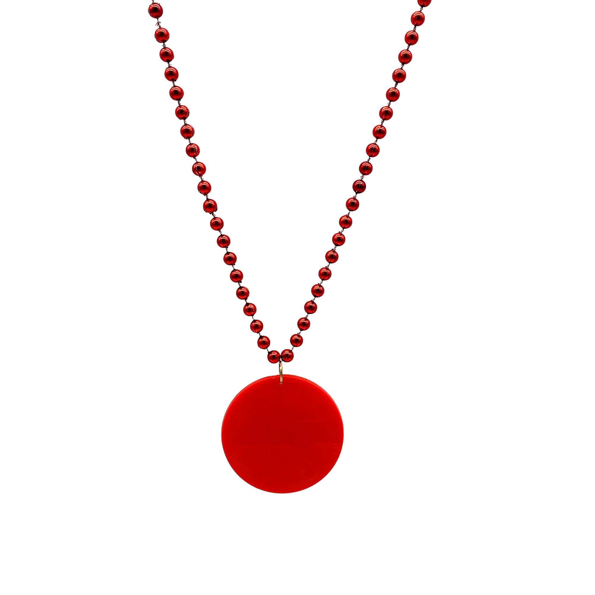 33 INCH 7mm Metallic Red Bead Necklace with 2.5 Inch Red Disc Pendant - Pack of 12 - Elegant Boho Jewelry for Women, Party Accessories, Gift Ideas for Bridesmaids & Special Occasions