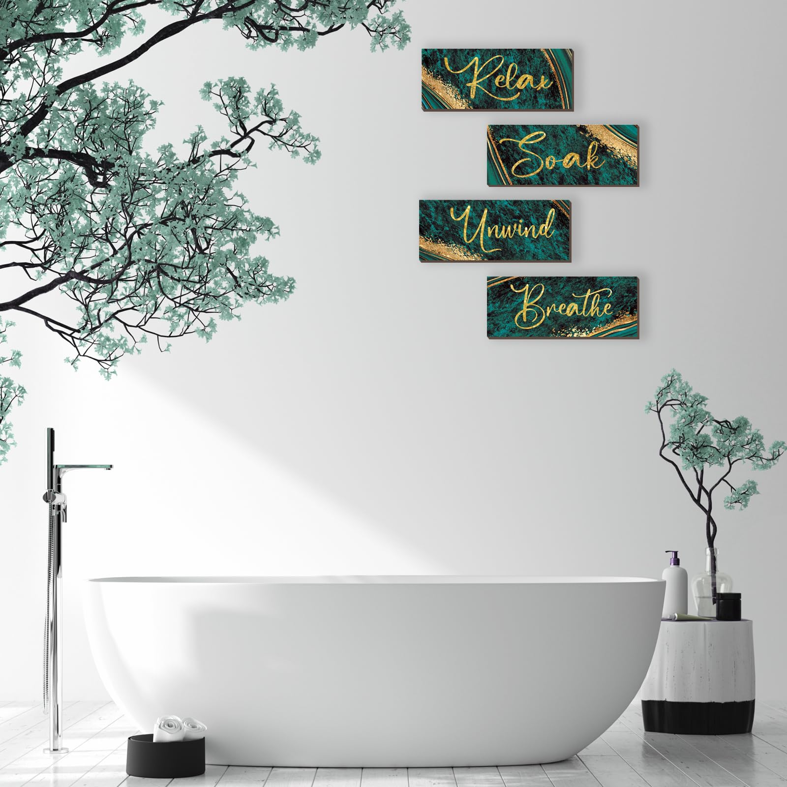 ONIZHITY 4-Piece Green and Gold Bathroom Decor Set - Rustic Wooden Wall Art with Marble Accents for Relaxation (10