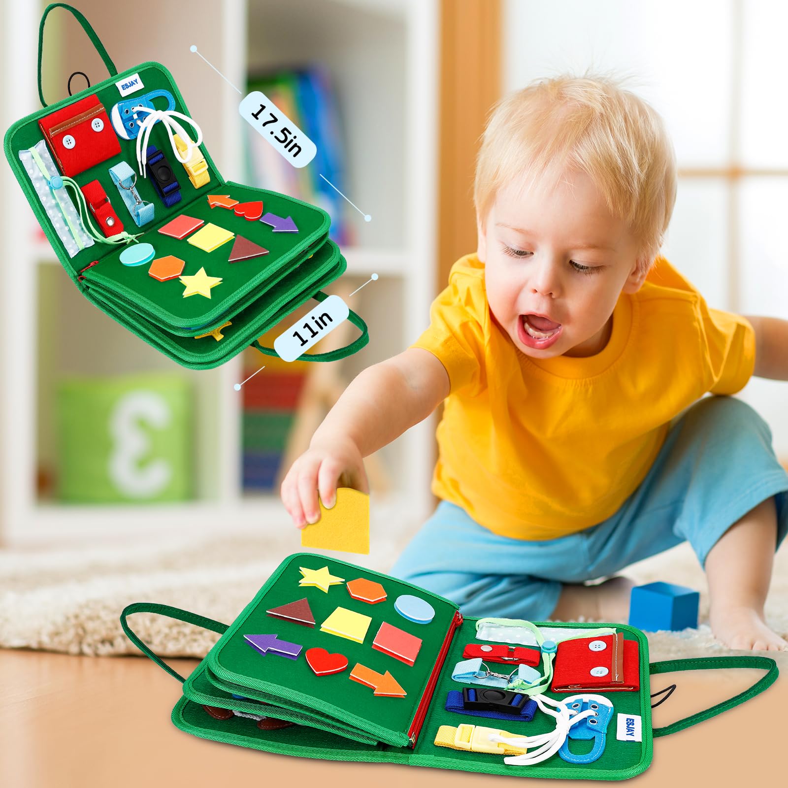 Esjay Montessori Busy Board for Toddlers - Sensory Learning Toys for Fine Motor Skills Development - Educational Travel Toys for Airplane & Car - Perfect Gift for Boys & Girls (Green Dinosaur) - Ideal for Preschool Learning, Quiet Play & Long Trips