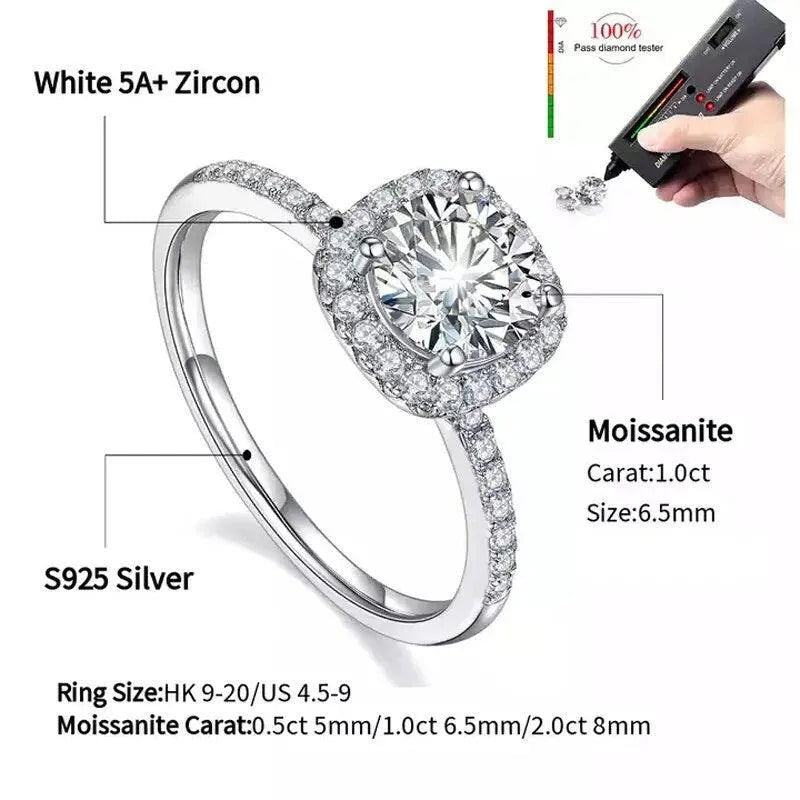 1CT 2CT 3CT Moissanite Engagement Ring for Women - 925 Sterling Silver Square & Round Cut Wedding Band, Anniversary Jewelry Gift | Perfect for Proposals, Bridal Sets & Special Occasions