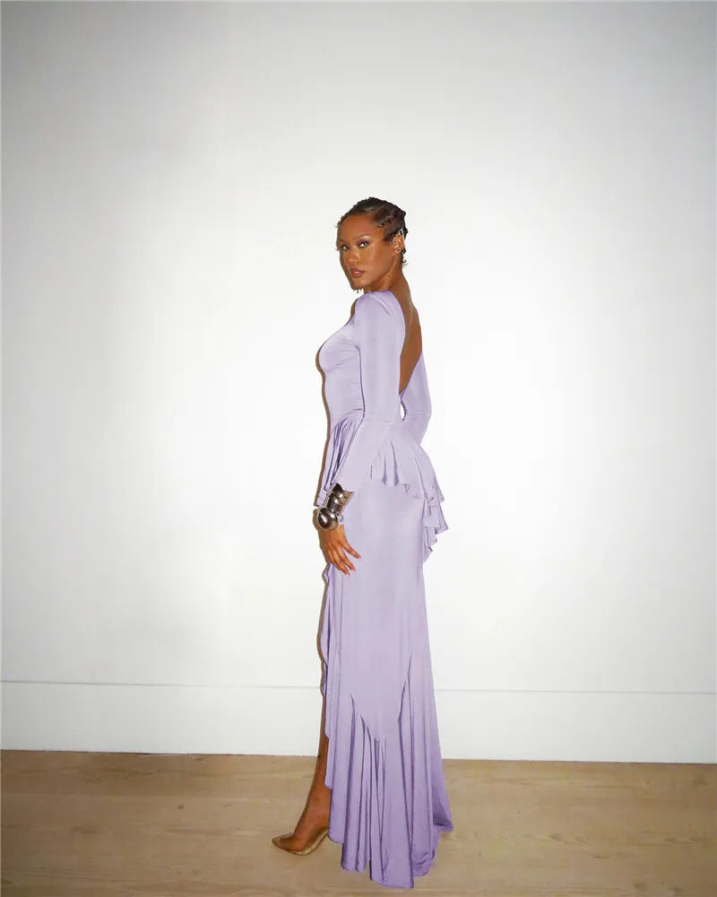Sexy Backless Ruffled Maxi Dress for Women - Elegant O-Neck Long Sleeve Evening Gown with Thigh High Split | Perfect for Prom, Wedding Guest & Cocktail Parties