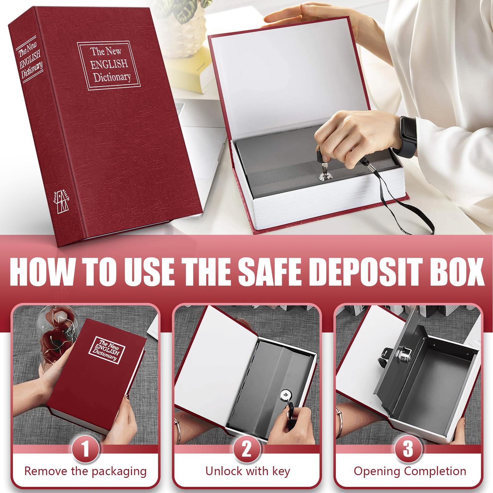Book Safe Lock Box with Combination - Hidden Small Safe for Jewelry, Passport, Money & Coins | Discreet Home Security Storage for Valuables (Red)