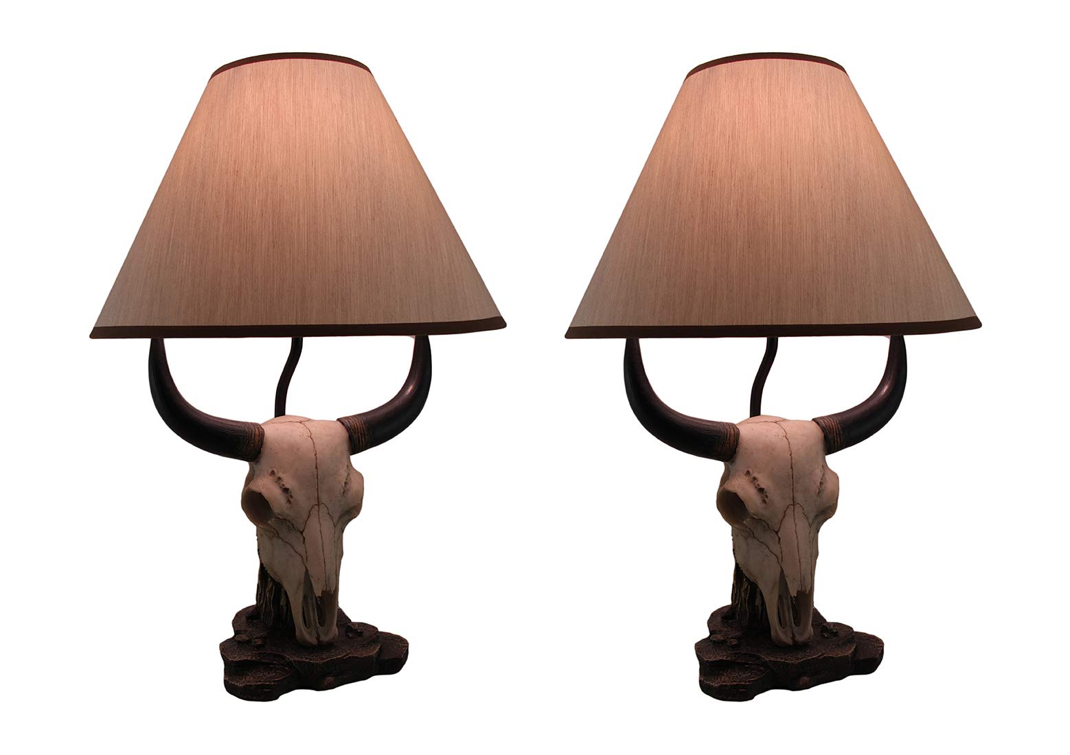 Set of 2 Cast Resin Cow Skull Table Lamps with 8-Inch Fabric Shades - 19.5 Inch Rustic Ranch Decor for Western Home, Farmhouse Living Room & Cowboy Themed Bedroom - Perfect for Southwestern Style Interior Design