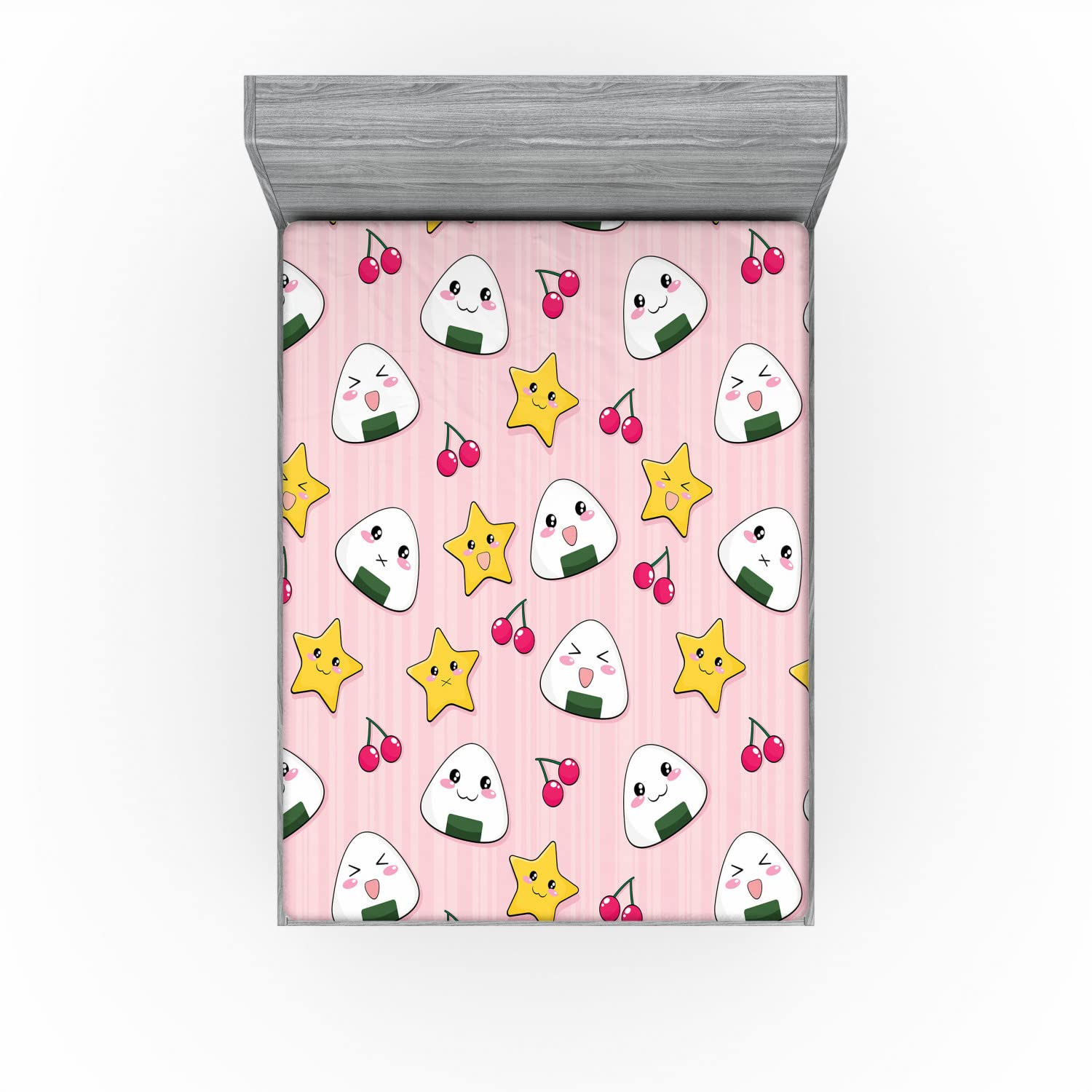 Ambesonne Anime Fitted Sheet - Happy Crying Cartoon Rice Balls with Cherries & Stars Striped Pattern, Deep Pocket Elastic Queen Size Bed Cover in Pink Yellow White | Perfect for Anime Fans' Bedrooms, Dorm Rooms & Themed Decor
