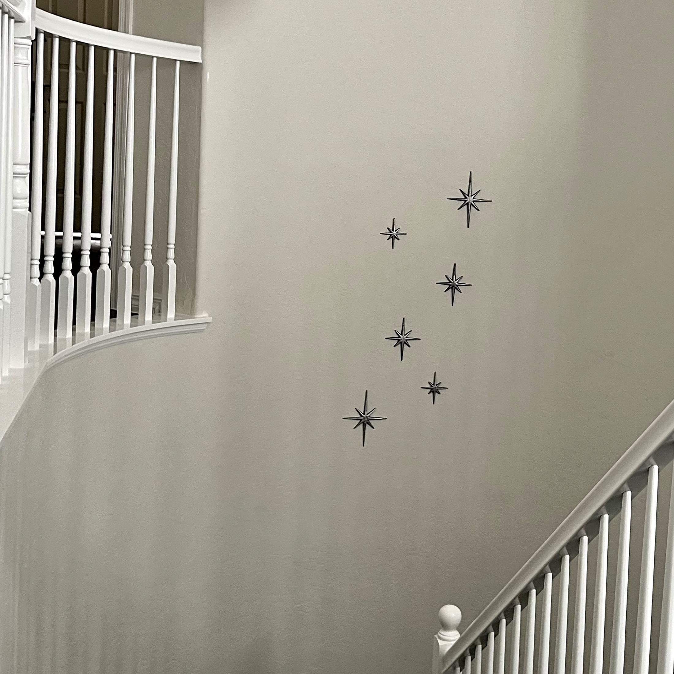 6-Piece Metallic Silver Cast Iron Starburst Wall Decor Set - Mid Century Modern 8-Pointed Star Wall Hangings for MCM Home Decor | Indoor & Outdoor Wall Art for Living Room, Bedroom, Patio & Garden