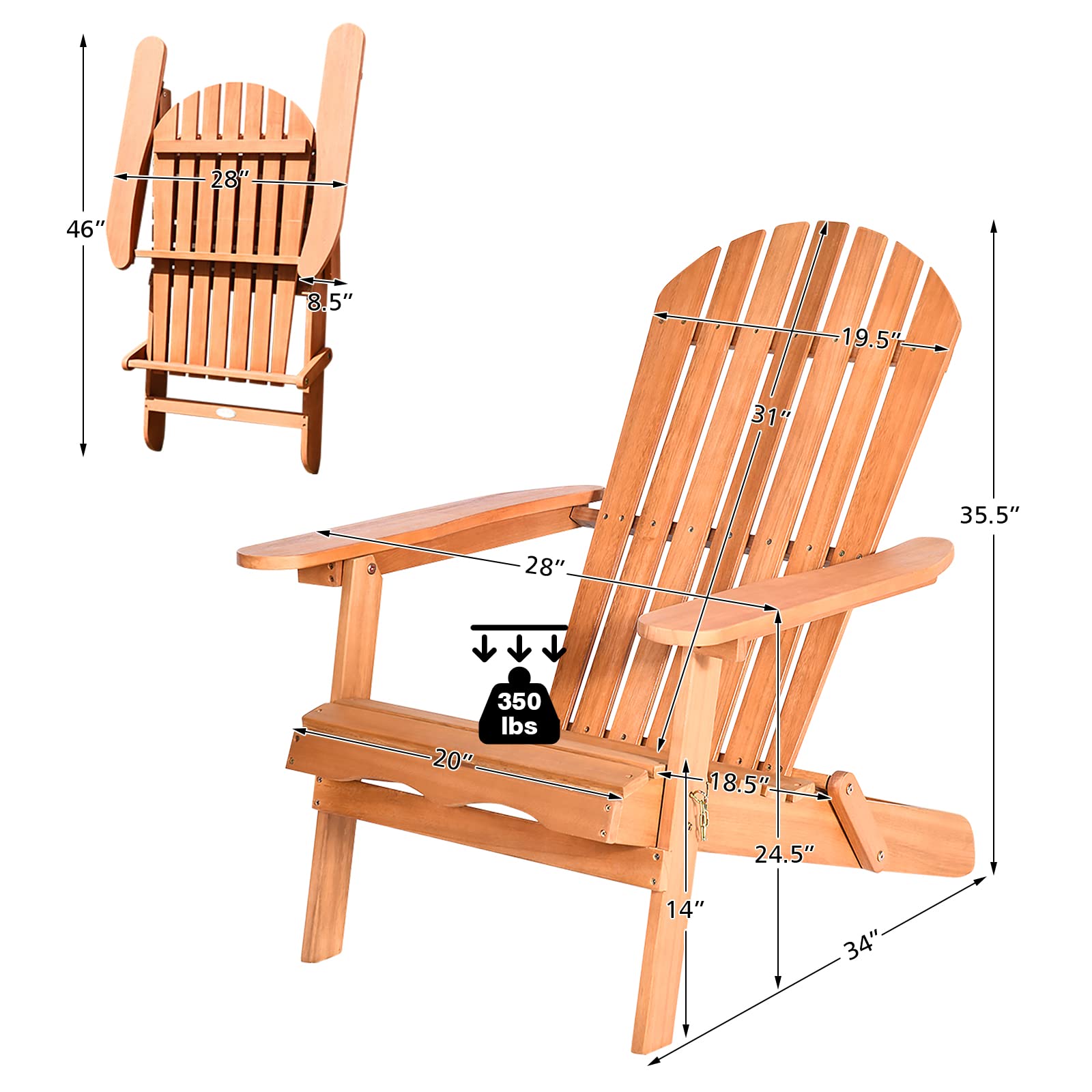 Tangkula Folding Adirondack Chair - Weather-Resistant Eucalyptus Wood Outdoor Lounge Chair for Patio, Porch, Deck, Poolside & Backyard - Perfect for Relaxing, Sunbathing and Outdoor Gatherings (2-Pack)