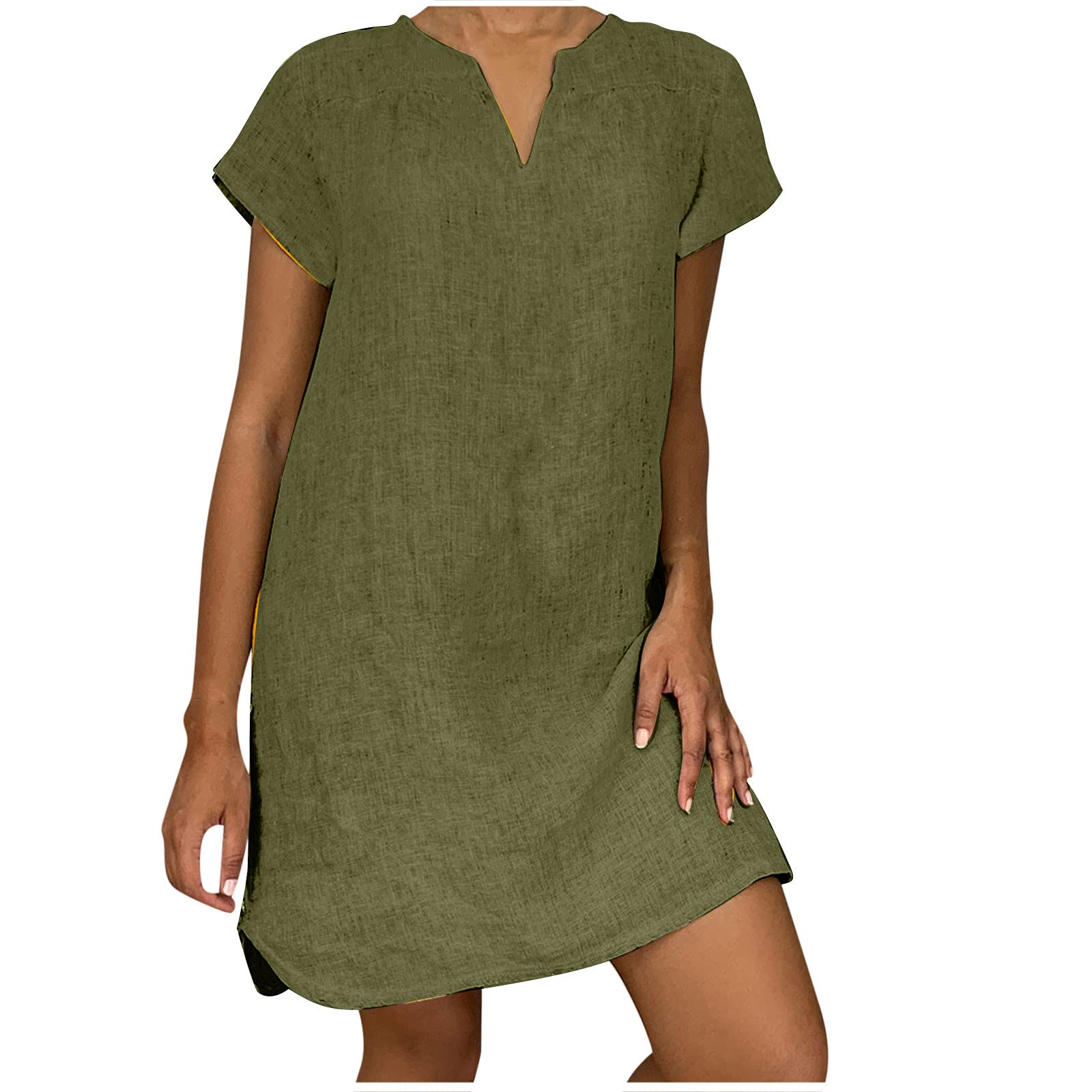 NaRHbrg Women's Linen Tunic Dress - V-Neck Loose Fit Midi Sundress for Beach Vacation, Plus Size Casual Shift Dress | Perfect for Summer Outings, Travel & Boho Style Fashion