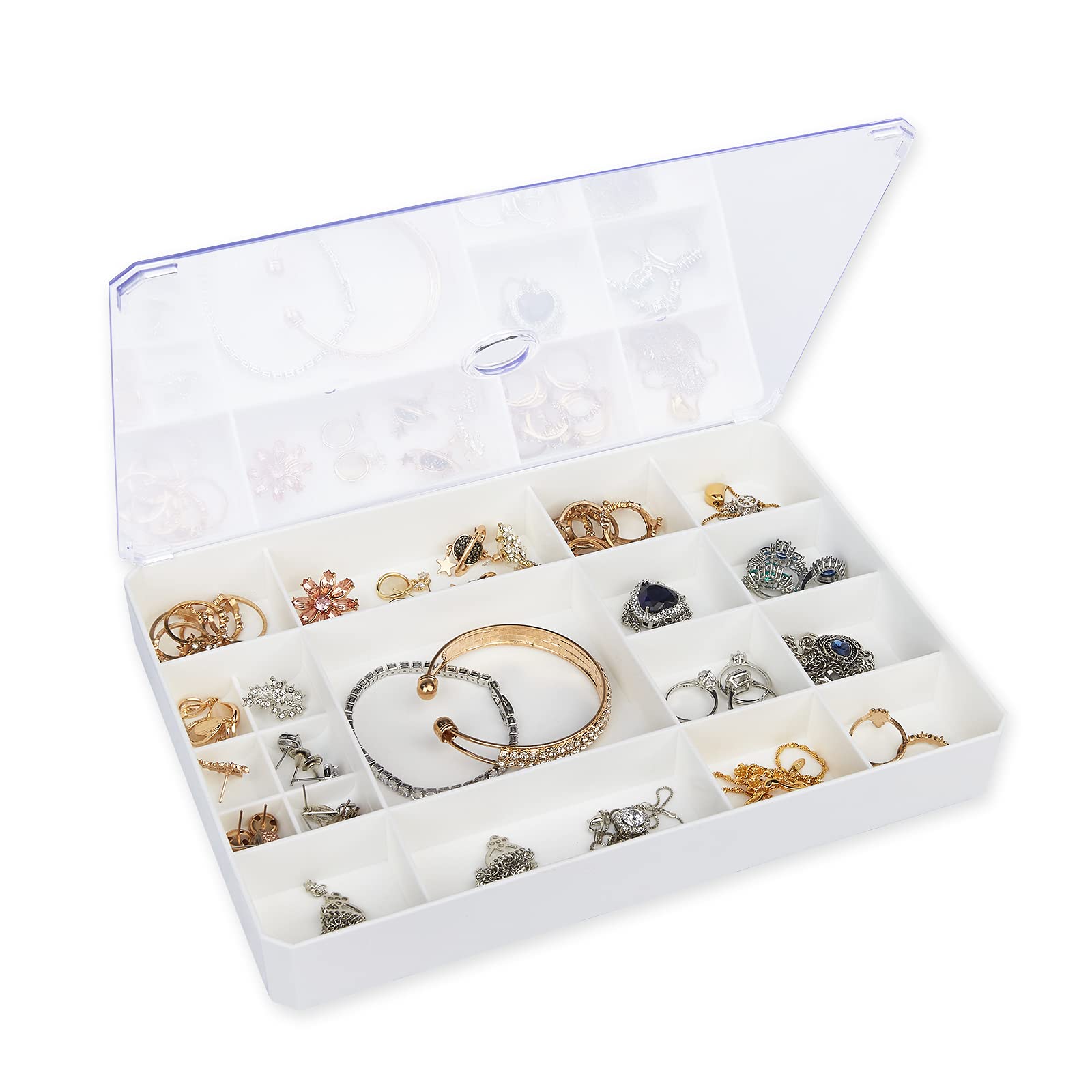 19 Grid Jewelry Organizer Box - Necklace Ring Earring Storage for Dresser & Travel (White)