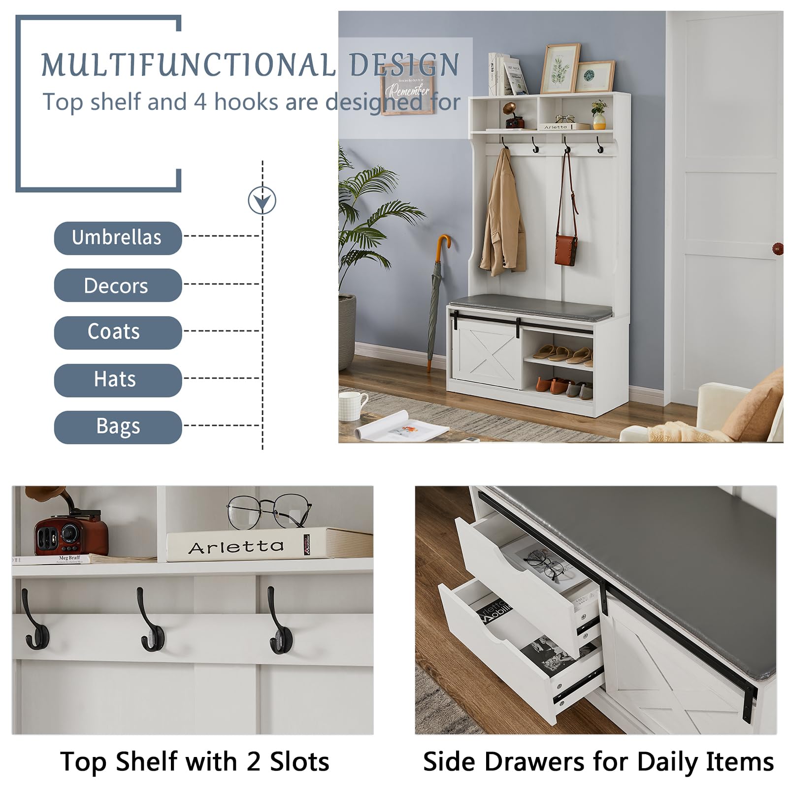 Farmhouse Entryway Hall Tree with Padded Storage Bench, Coat Rack & Sliding Barn Door Shoe Cabinet - 2 Drawers Mudroom Organizer in Distressed White | Perfect for Small Spaces, Entryway Storage & Shoe Organization