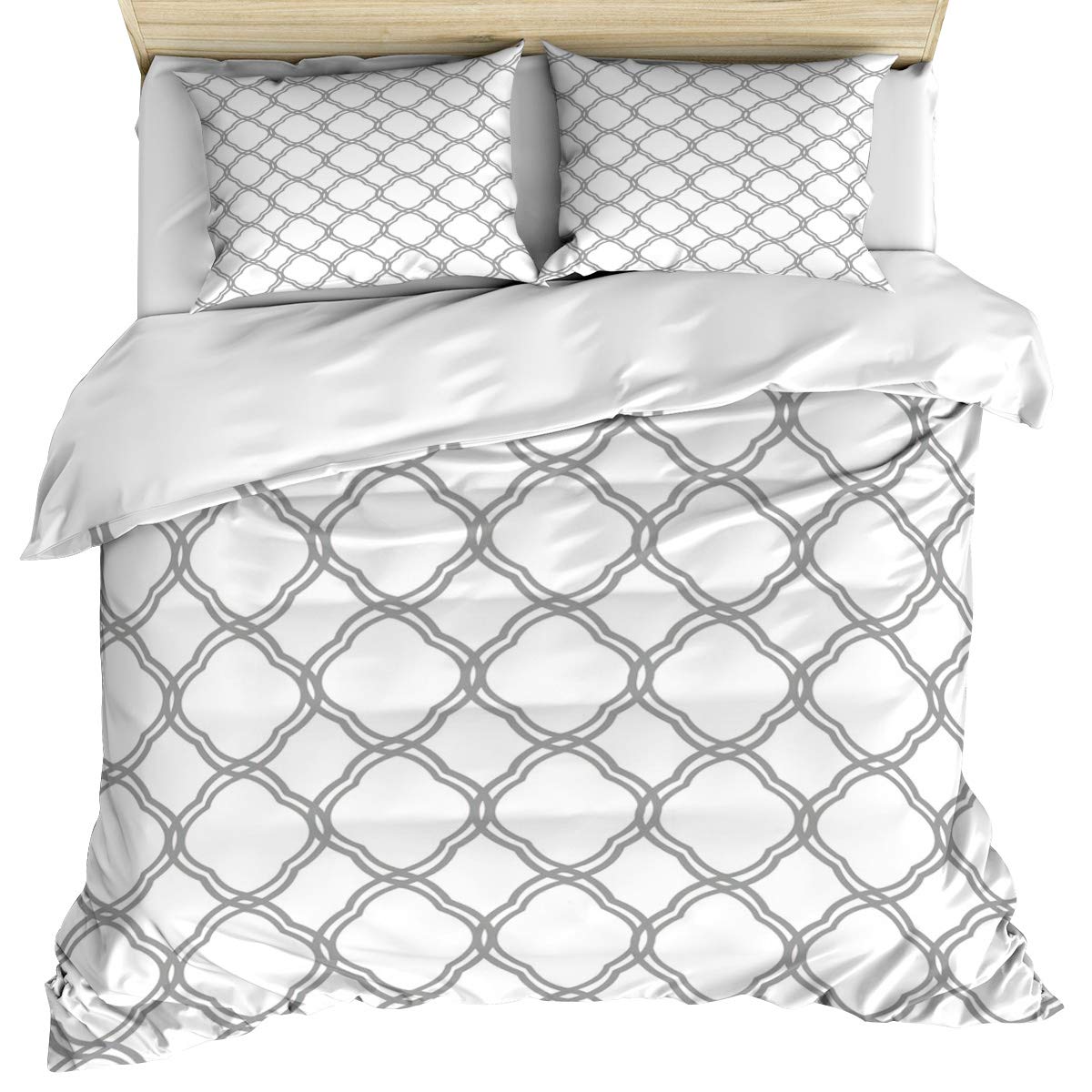 Luxury Moroccan Tile Quatrefoil Duvet Cover Set Queen Size - 3 Piece Bedding Set with Pillow Shams, Soft & Cozy Gray White Cotton Duvet Cover for Bedroom - Machine Washable - Perfect for Master Bedroom, Guest Room & Home Decor