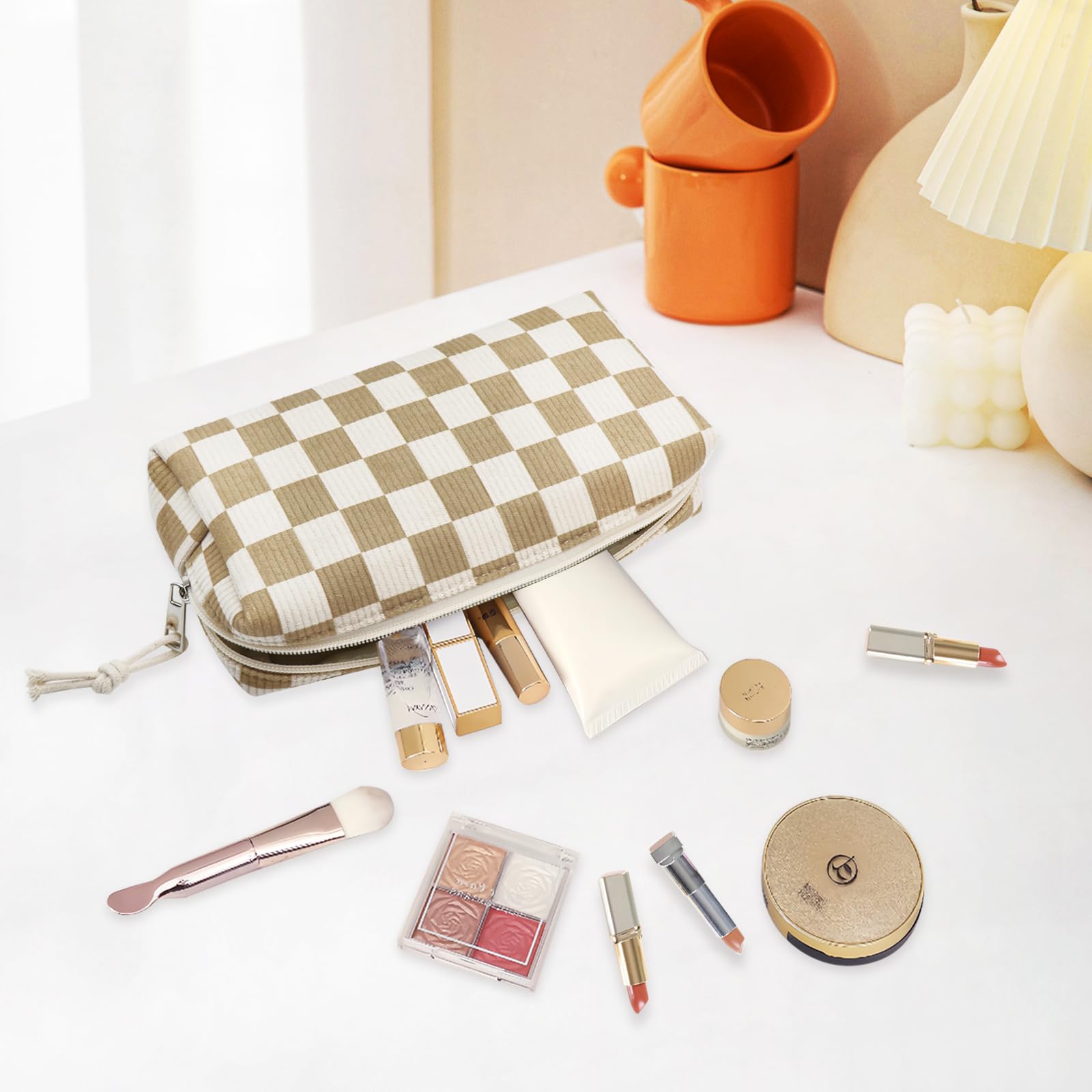 Stylish Corduroy Makeup Bag for Women - Travel Cosmetic & Toiletry Organizer with Checkerboard Design | Perfect for Brushes Storage, Gym Essentials, and Weekend Getaways