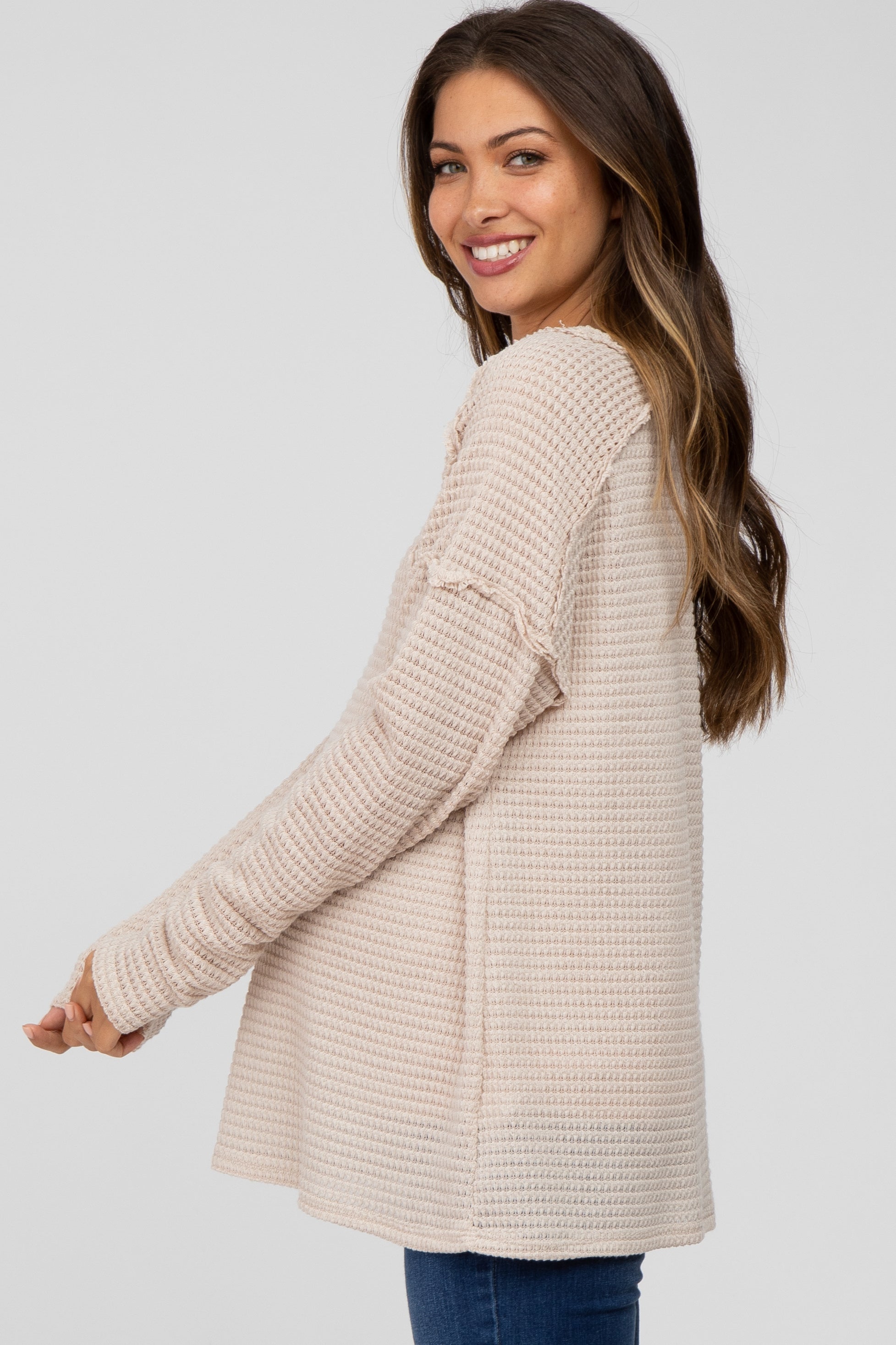 Beige Maternity Long Sleeve Top - Soft Stretch Nursing Shirt for Pregnant Women | Comfortable Pregnancy Clothes for Work, Casual & Breastfeeding