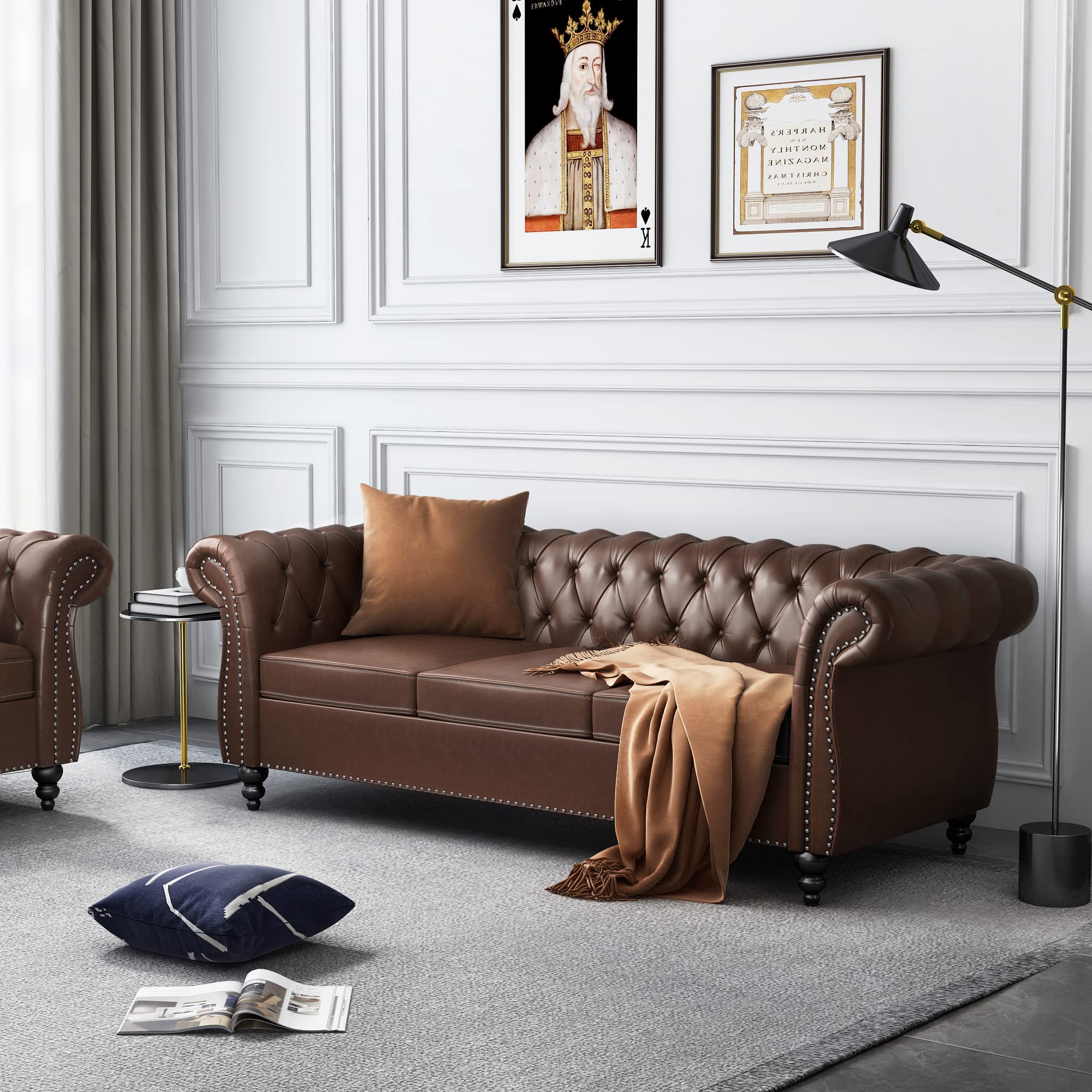 2-Piece Chesterfield Leather Sofa Loveseat Set with Scroll Arms & Nailhead Trim - Dark Brown Living Room Furniture for Home, Office & Lounge Spaces