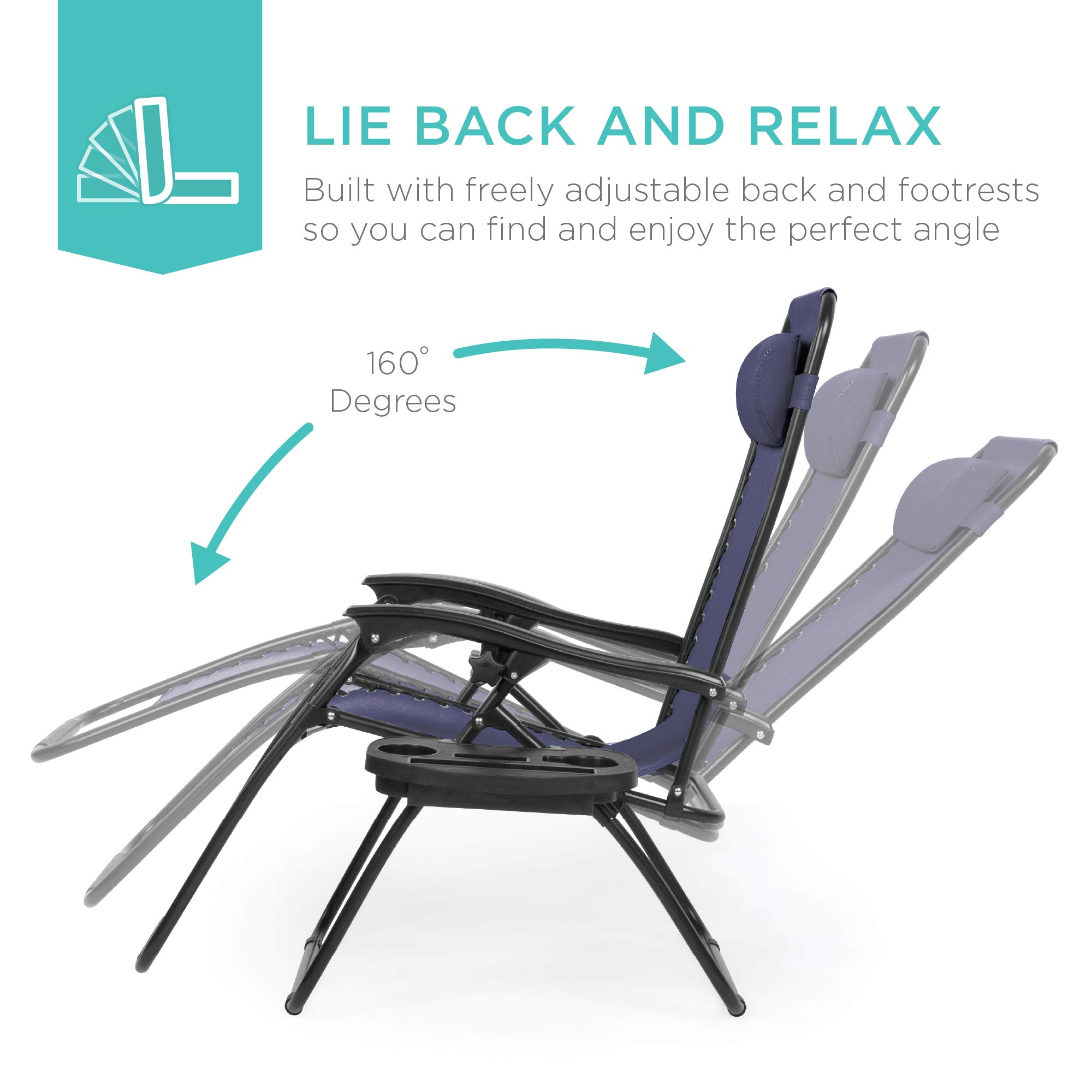 Best Choice Products Set of 2 Adjustable Steel Mesh Zero Gravity Lounge Chair Recliners with Pillows and Cup Holder Trays - Navy Blue - Perfect for Patio, Poolside, Backyard Relaxation and Outdoor Lounging