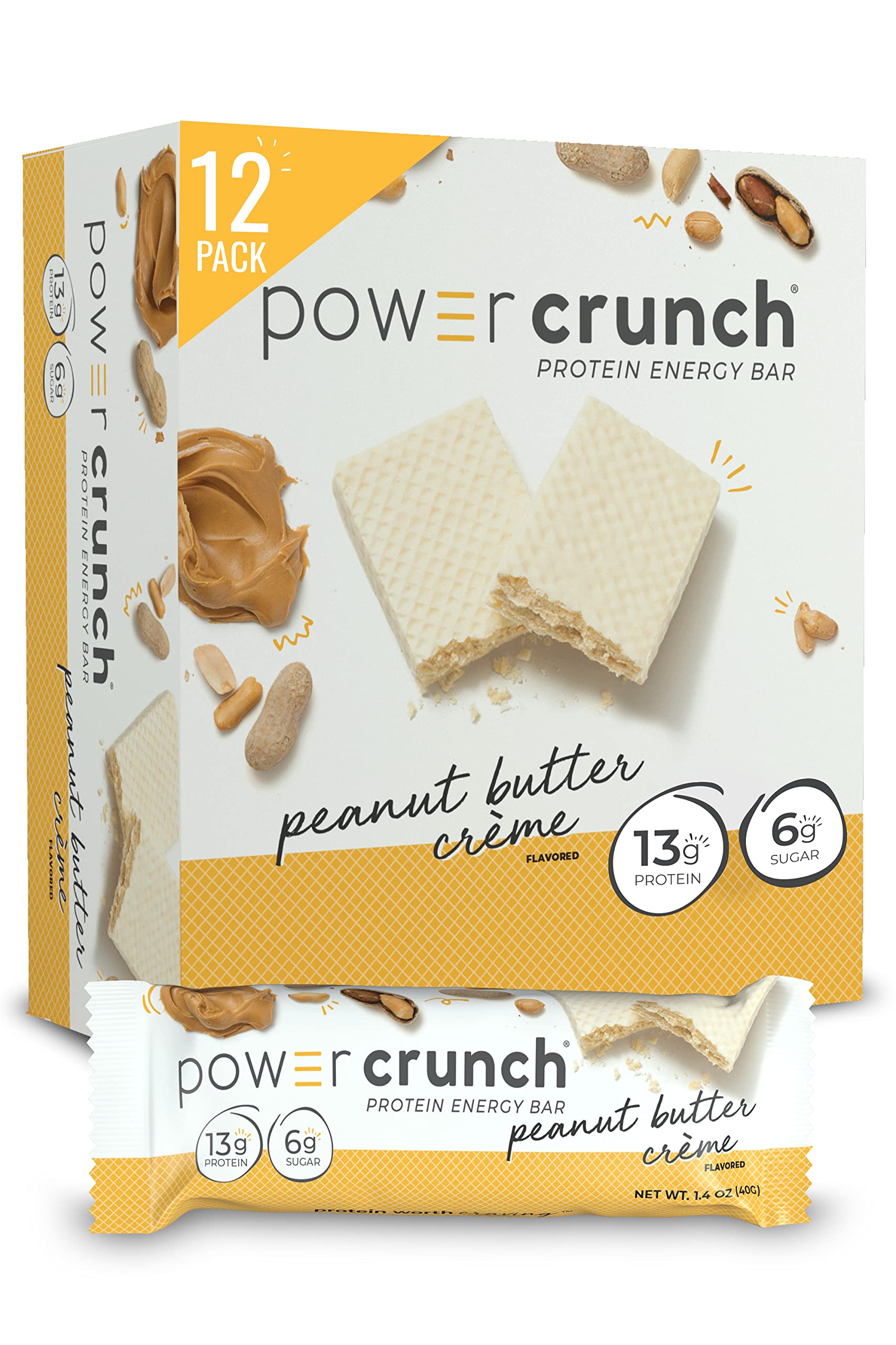 Power Crunch Protein Wafer Bars - High Protein Snack with Peanut Butter Creme Flavor, 1.4oz (12 Pack) | Low Carb Keto-Friendly Energy Bars for Workout Recovery, Hiking & On-the-Go Nutrition