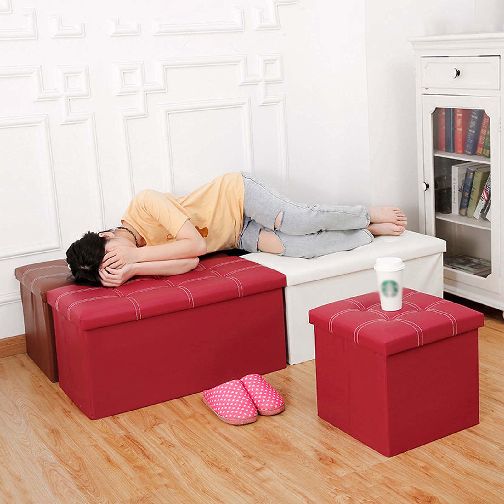 Multi-Purpose Ottoman with Storage - Rectangle Footstool for Living Room, Under Desk, Vanity Makeup Stool - Adjustable & Foldable Foot Rest for Blankets, Shoes, Toys Storage - Perfect for Home Office, Bedroom & Lounge Areas
