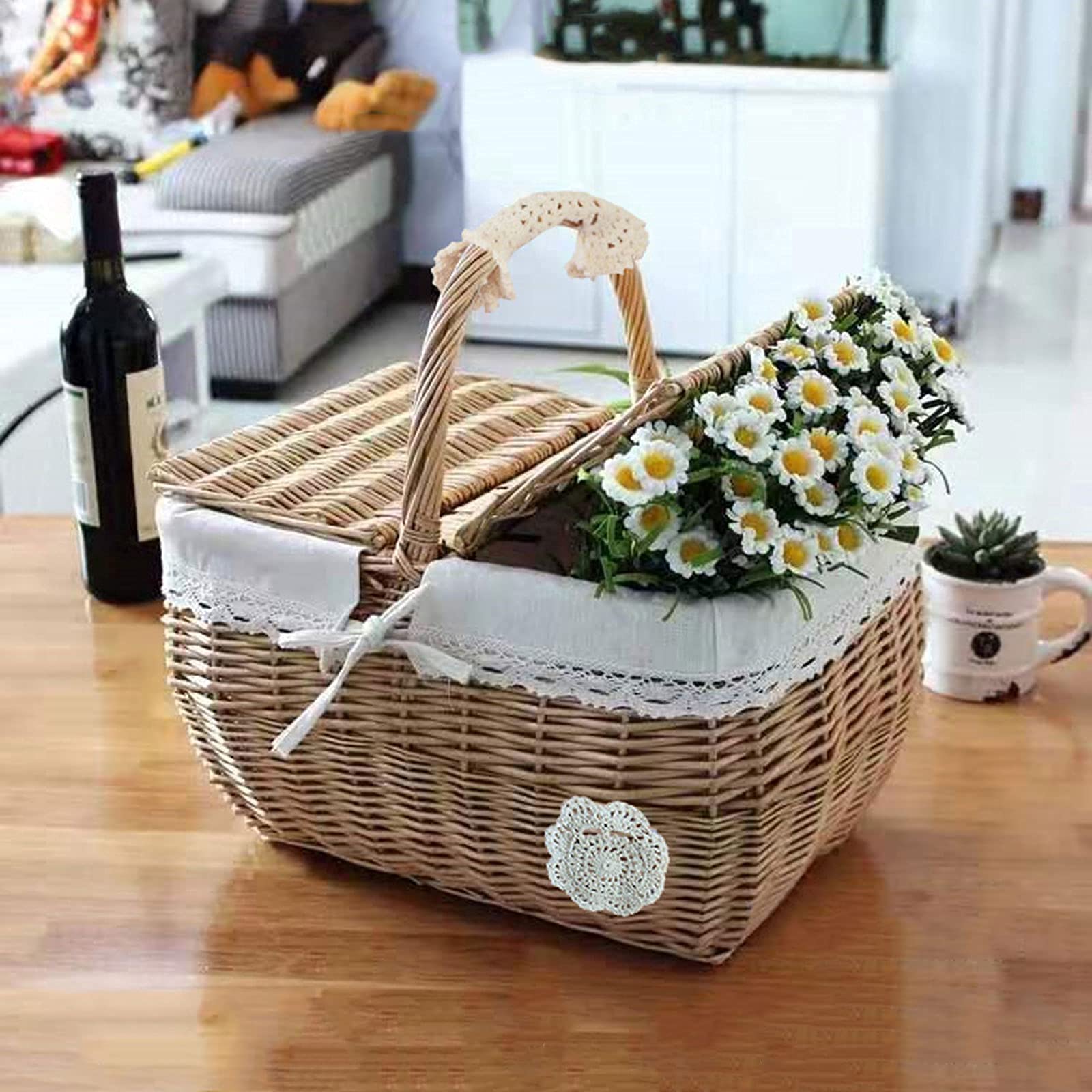 Handmade Willow Wicker Basket with Double Lids - Camping Picnic Storage Basket with Fabric Lining & Sturdy Outdoor Handle (Brown) - Perfect for Outdoor Adventures, Picnics, and Home Organization