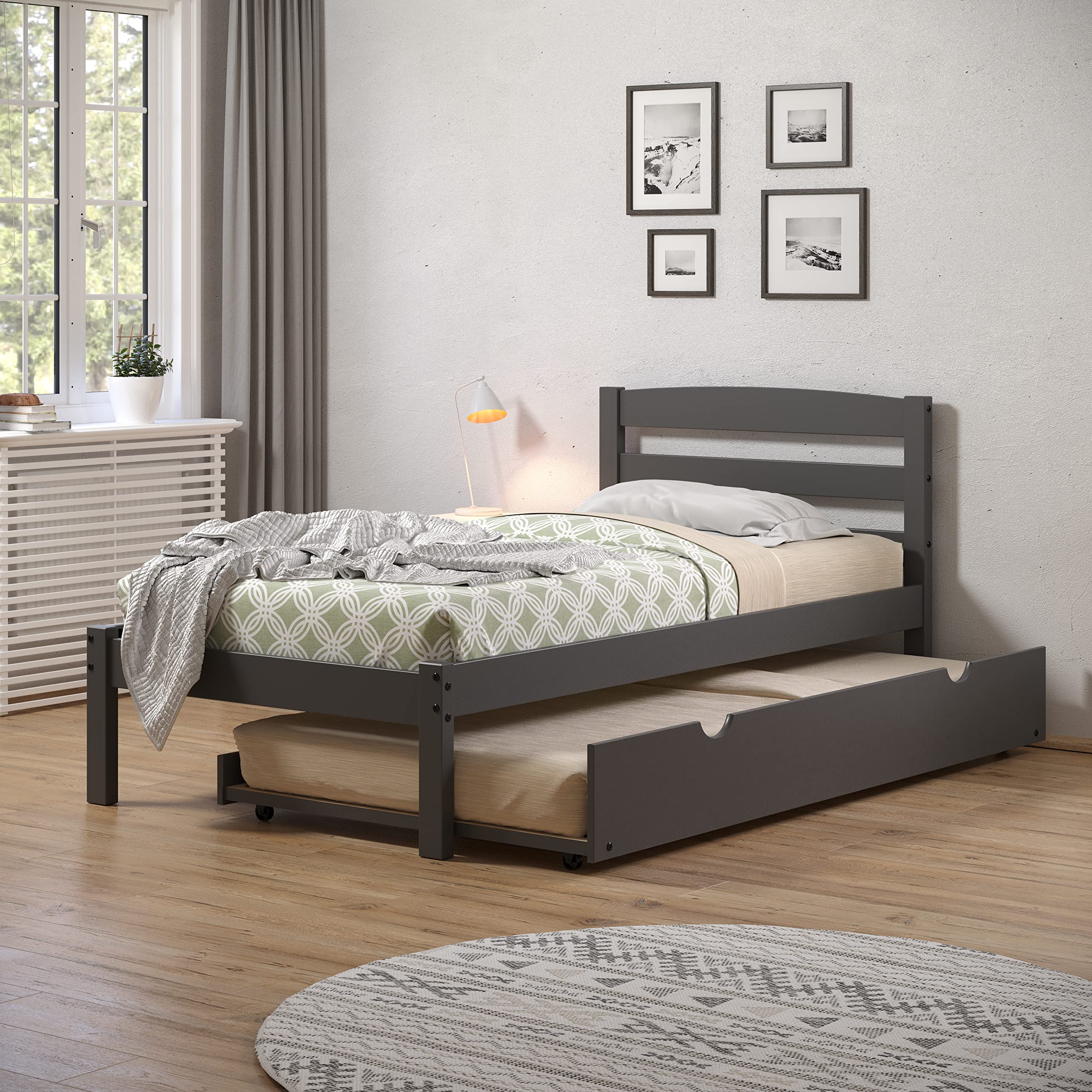 Donco Kids Twin Econo Bed with Trundle - Dark Grey Wooden Bunk Bed for Children | Space-Saving Bedroom Furniture for Small Rooms & Sleepovers