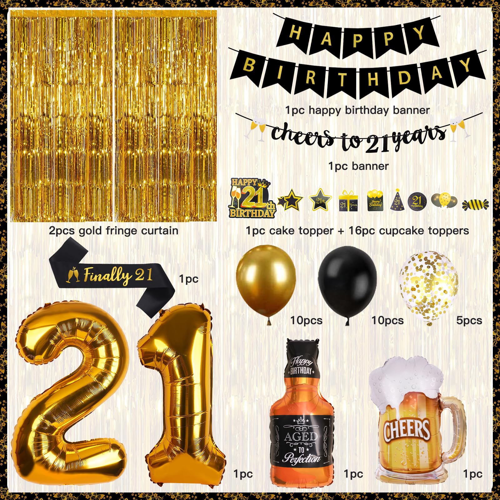 21st Birthday Decorations for Men - Black & Gold Party Supplies Kit with Banner, Fringe Curtain, Confetti & Balloons | Perfect for 21st Birthday Parties, Milestone Celebrations & Adult Birthday Decor