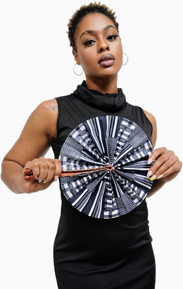 Dupsie's Koumadi Foldable Black and White African Print Ankara Kente Fan - Handheld Cooling Fan for Summer, Weddings & Cultural Events - DPPFB0795