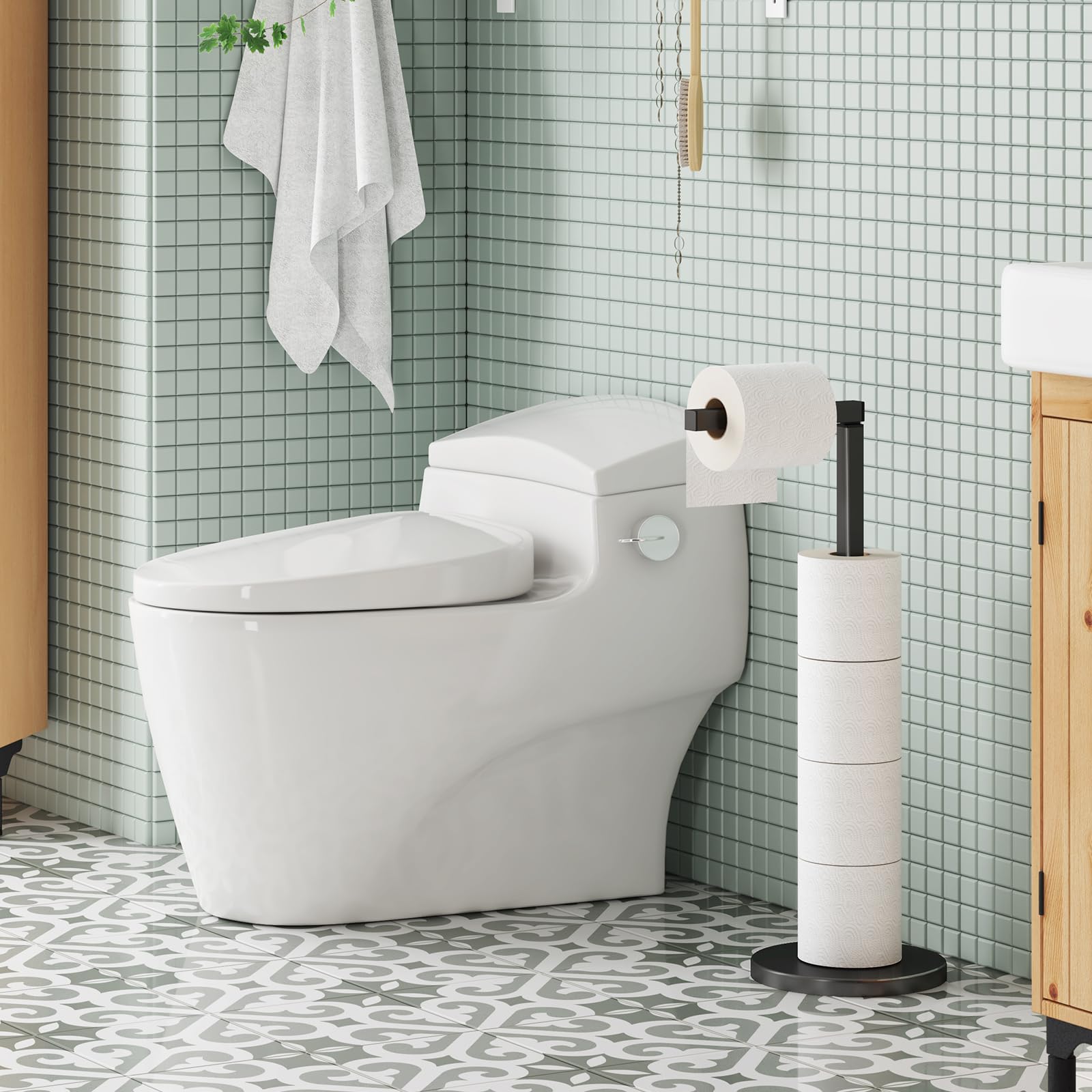 Fixwal Free Standing Toilet Paper Holder Stand - Modern Bathroom Tissue Roll Organizer with Weighted Base, Rustproof Design for Bathroom Storage (Black) | Perfect for Home, Office & Guest Bathroom Organization