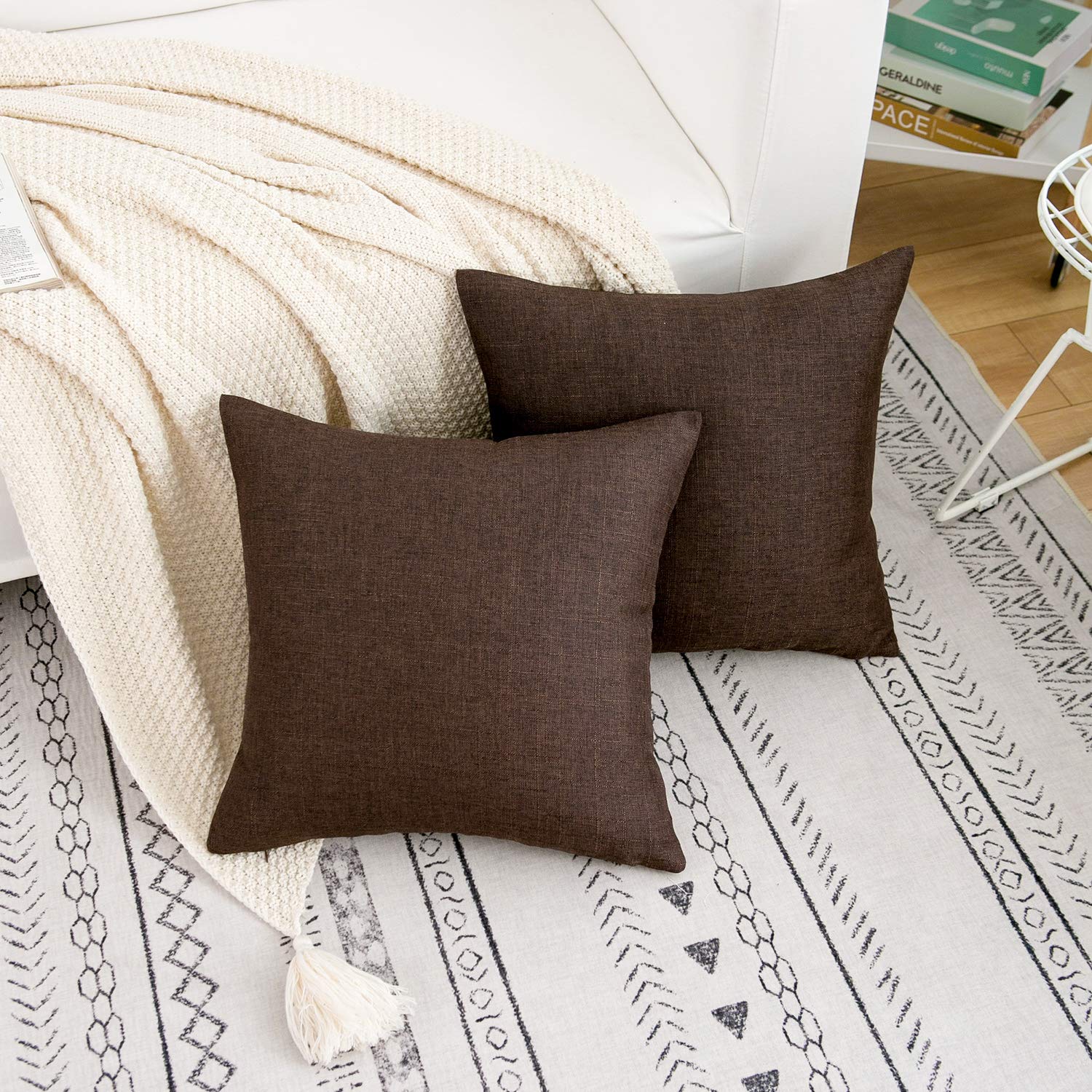 Premium Linen Decorative Throw Pillow Covers 18x18 Inch - Set of 2 Soft Square Dark Brown Cushion Covers for Sofa, Couch, Bed & Chair - Perfect for Living Room, Bedroom & Home Decor