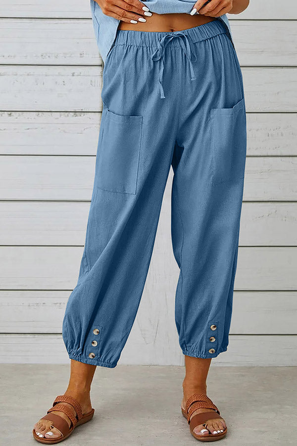 Tatum Women's Linen Blend Elastic Waist Pants with Pockets & Button Hem - Comfortable Casual Pants for Work, Travel & Everyday Wear