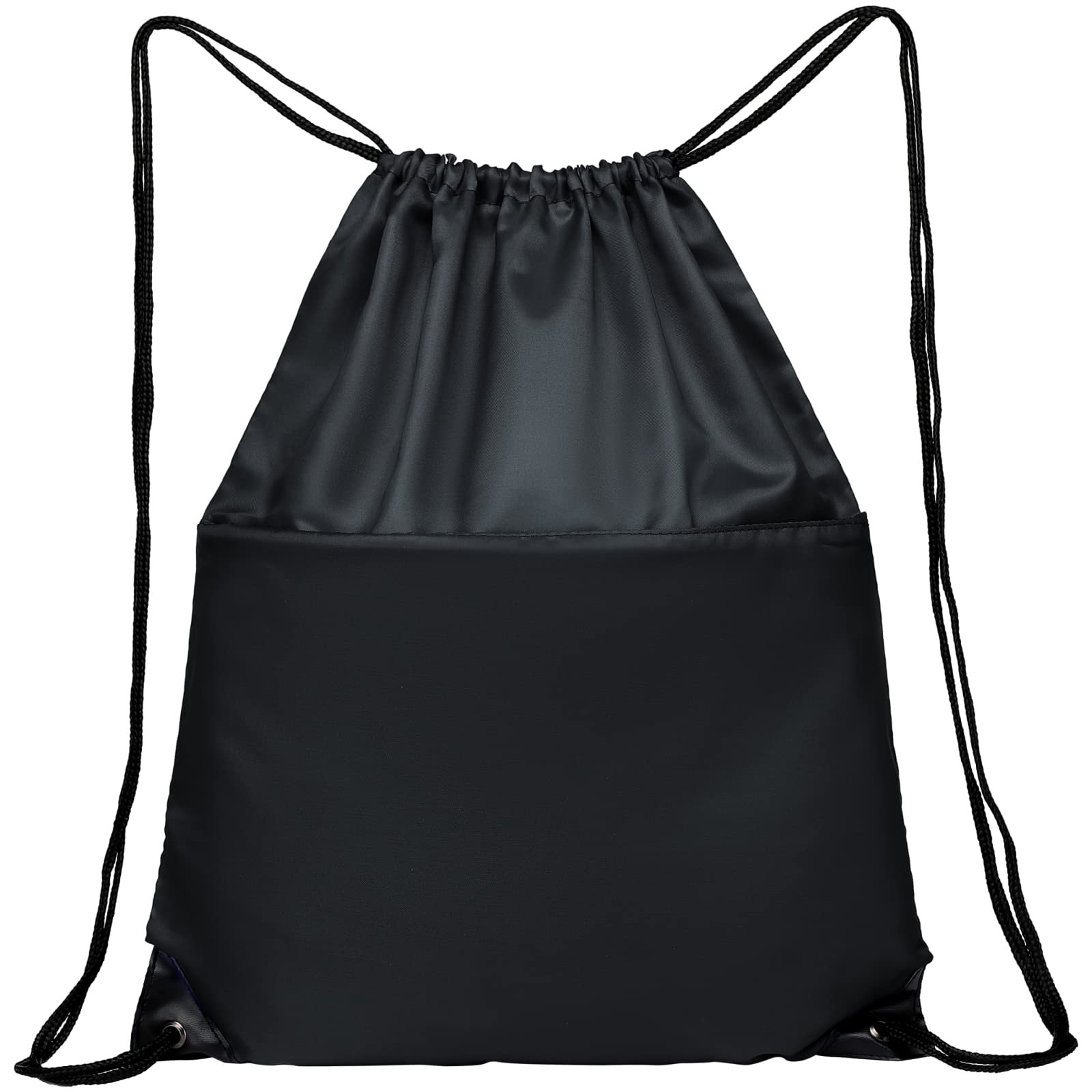 Lightweight 210D Nylon Drawstring Backpack with Zipper Side Pocket - Foldable Sports Gym Tote Bag for Men & Women (Black) - Perfect for Workouts, Travel, School & Outdoor Activities