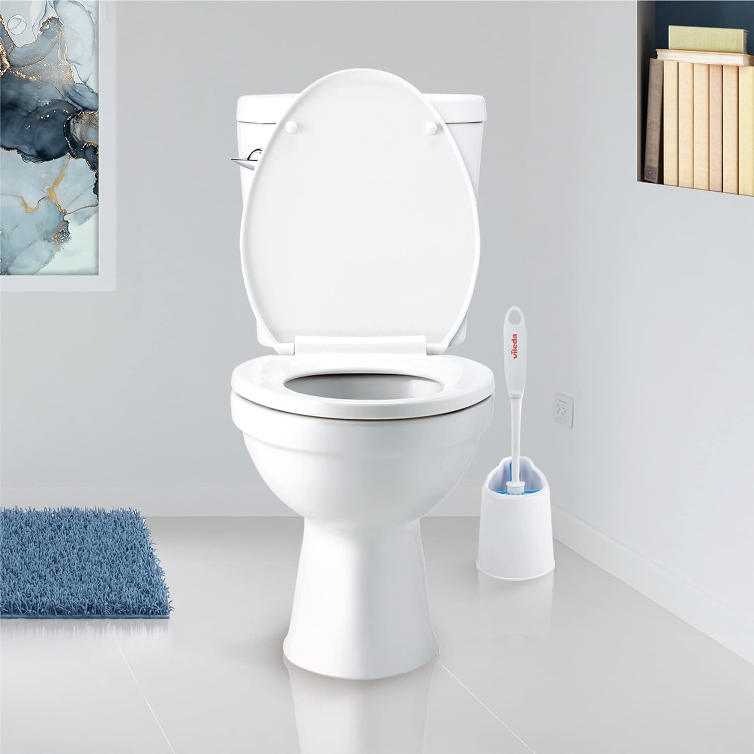 Vileda Deluxe Toilet Brush and Holder Set - Ergonomic Handle Cleaning Brush with Angled Bristles for Hard-to-Reach Spots - Perfect for Deep Cleaning Under Toilet Rim - Bathroom Cleaning Essentials for Home & Office Use