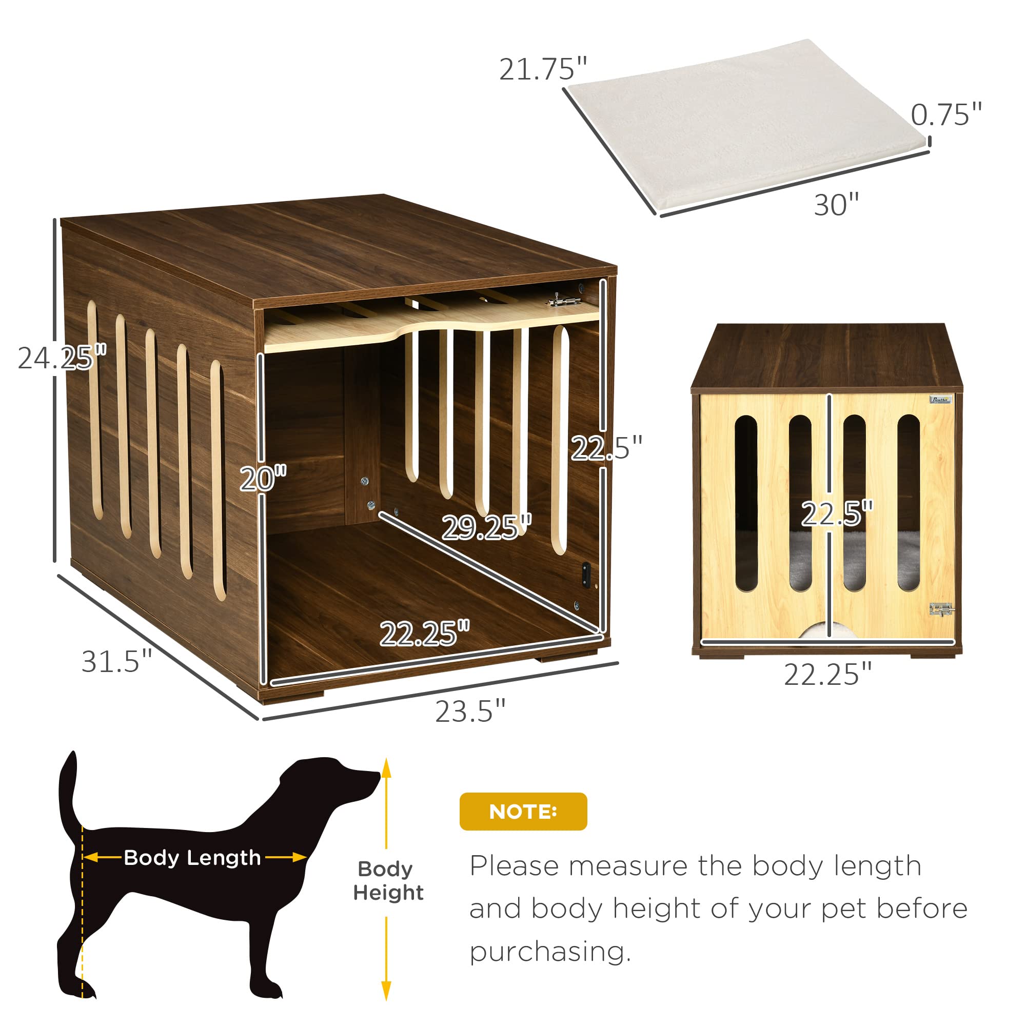PawHut Stylish Wooden Dog Crate End Table with Removable Door & Foam Cushion - Safety Lock Pet Kennel for Small Medium Dogs - Indoor Furniture for Living Room Bedroom - Brown    (Note: This optimized version improves SEO by including key search terms naturally, removes redundant information, organizes features clearly, and adds usage scenarios at the end)