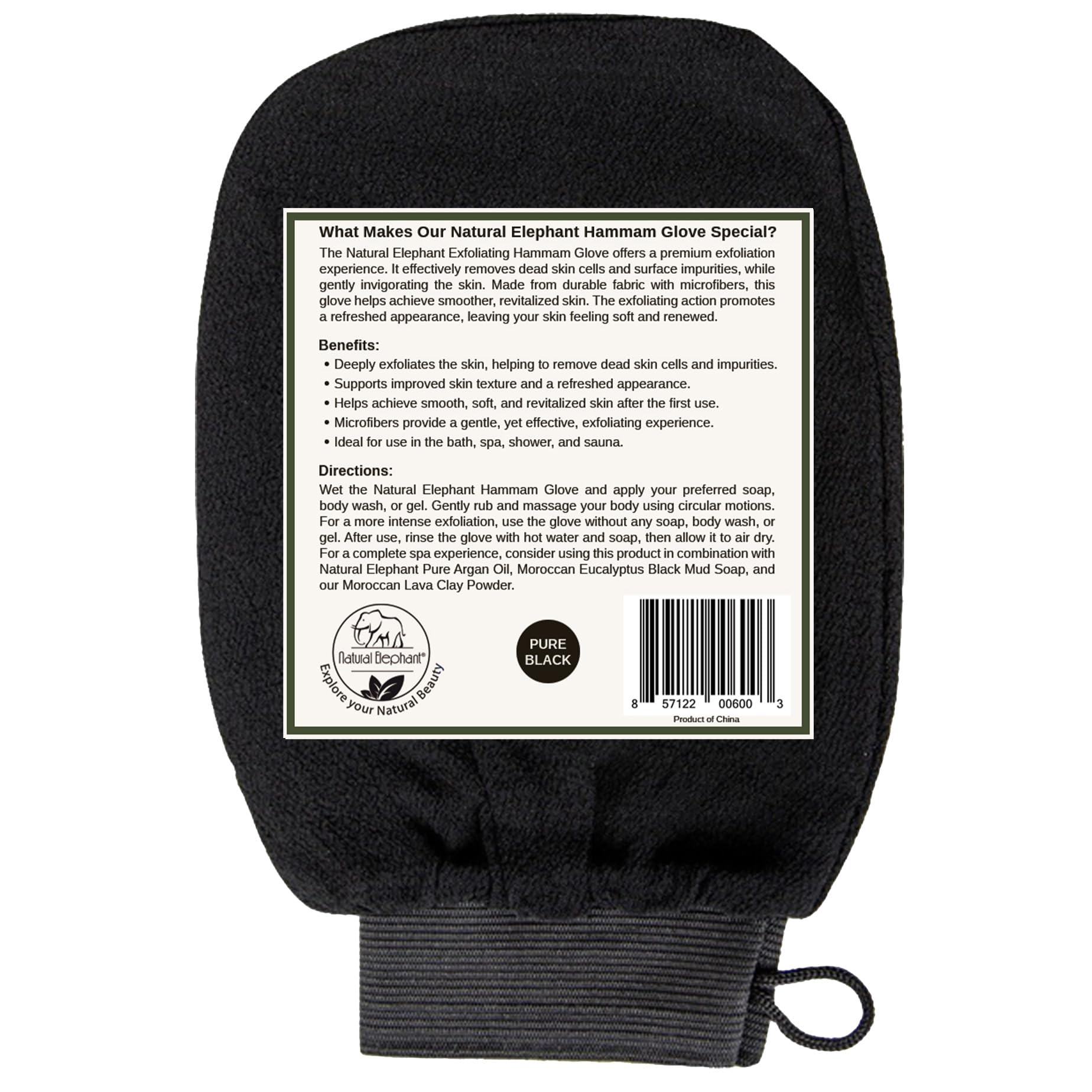 Natural Elephant Exfoliating Hammam Glove - Pure Black Single for Deep Skin Cleansing & Dead Cell Removal - Perfect for Spa, Bath & Body Scrub at Home