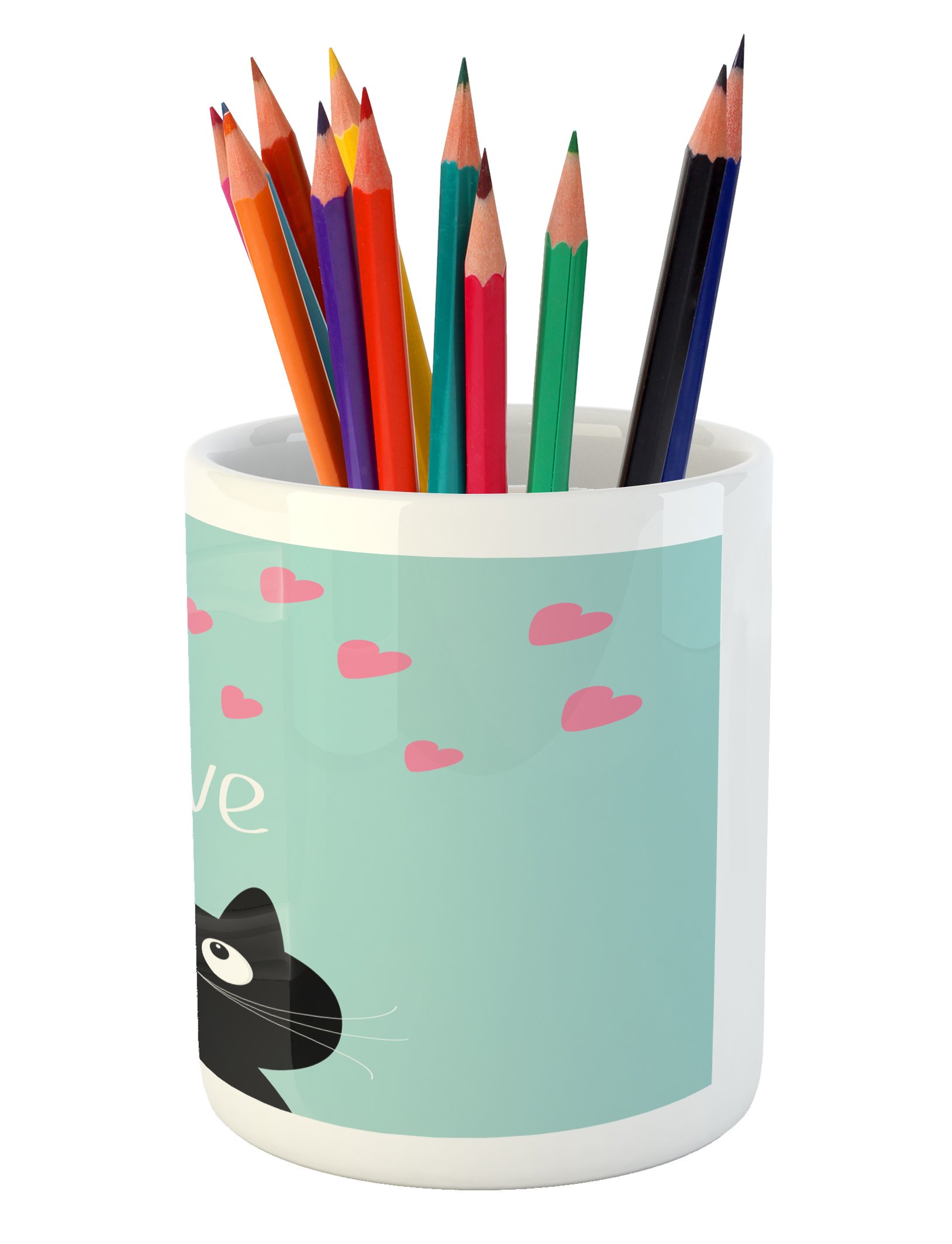 Valentine's Day Ceramic Pencil Holder - Cute Kitty Heart Cat Illustration Desk Organizer, 3.6