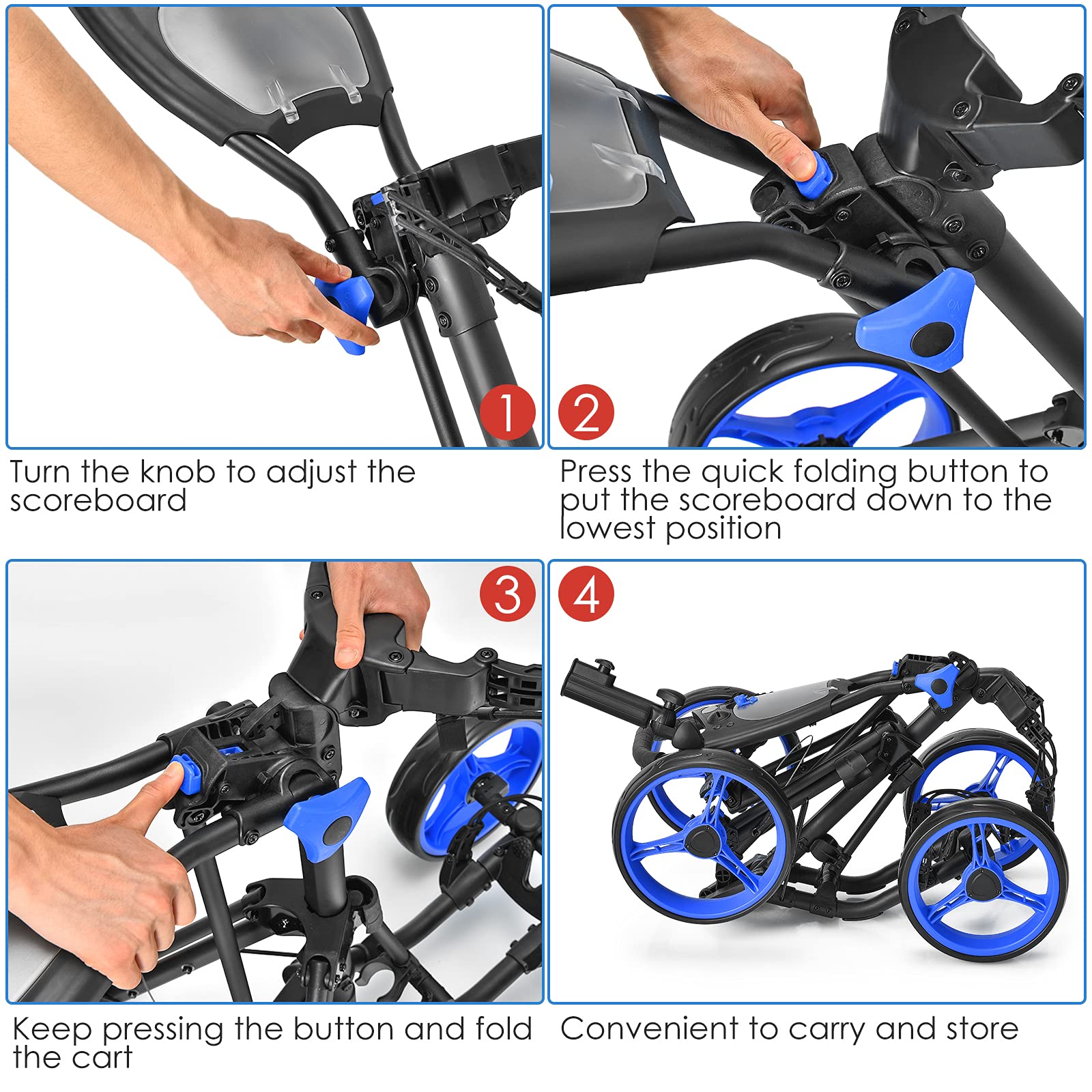 GYMAX 4 Wheel Folding Golf Push Cart - Adjustable Height, Lightweight & Portable Golf Trolley with Umbrella Holder, Cup Holder & Foot Brake - Perfect for Adults & Teenagers on the Golf Course, Driving Range or Practice Sessions