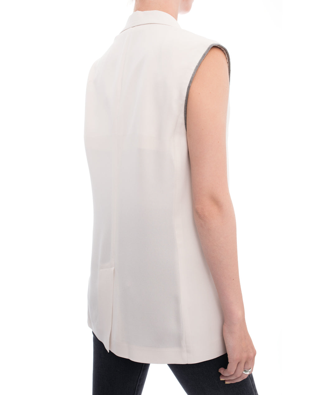 Brunello Cucinelli Off White Chain Bead Trim Vest for Women | Luxury Knit Cardigan | Perfect for Office Wear & Evening Outfits