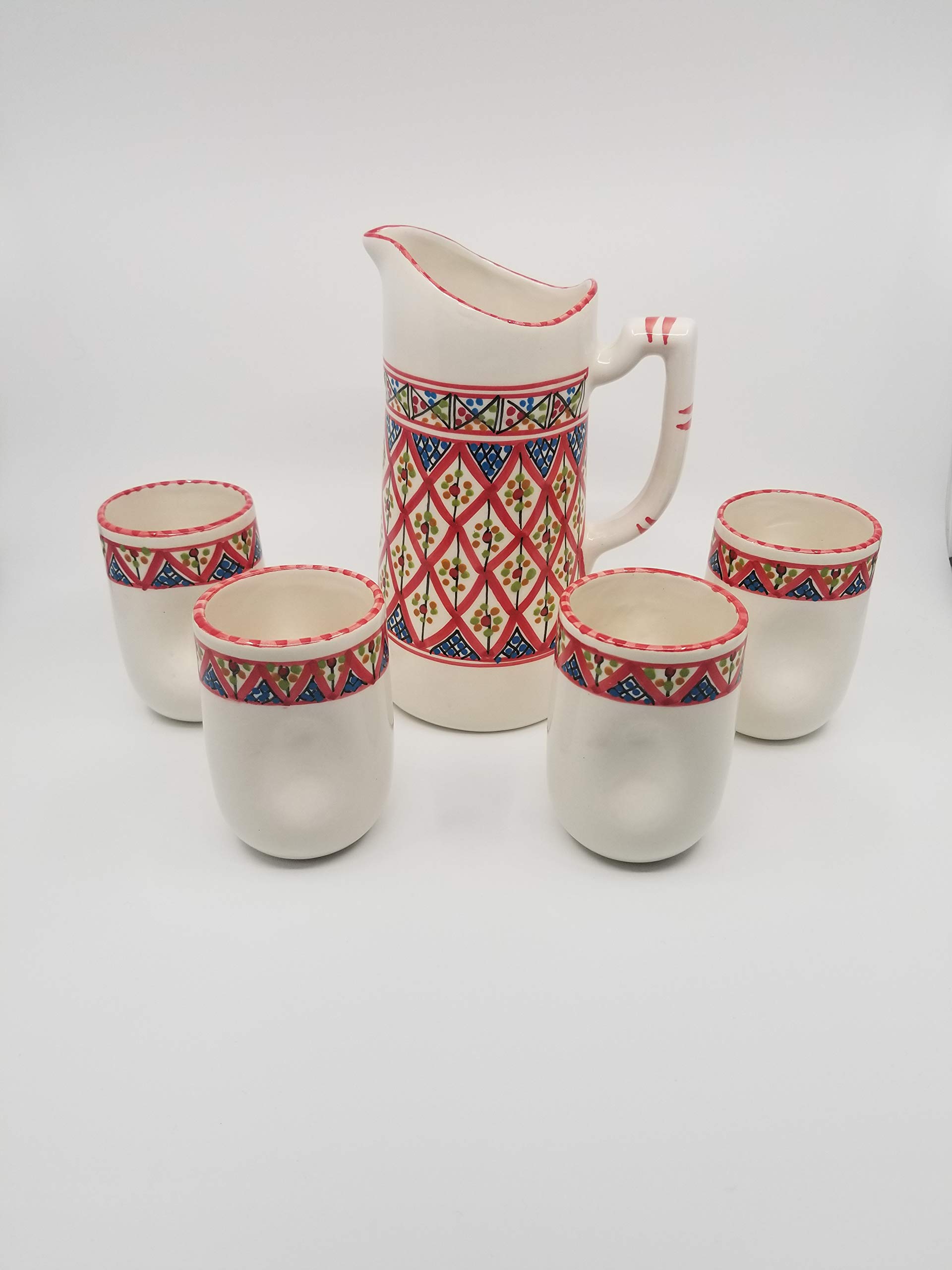 Handmade Moroccan Ceramic Coffee Mug and Pitcher Set - Red Kamsah Porcelain Tea Pot & Juice Jug - Perfect for Coffee, Tea, and Beverage Serving at Home or Cafe