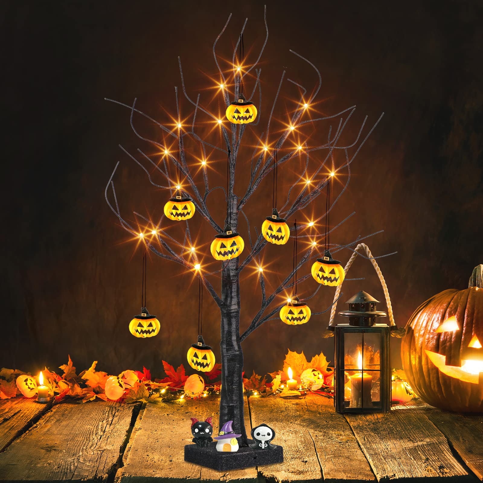PEIDUO 2FT Halloween Tree with 24 Orange LED Lights & 8 Pumpkin Ornaments - Battery Powered Black Halloween Decor with Timer - Perfect for Indoor Home, Desk, Table, and Party Decorations