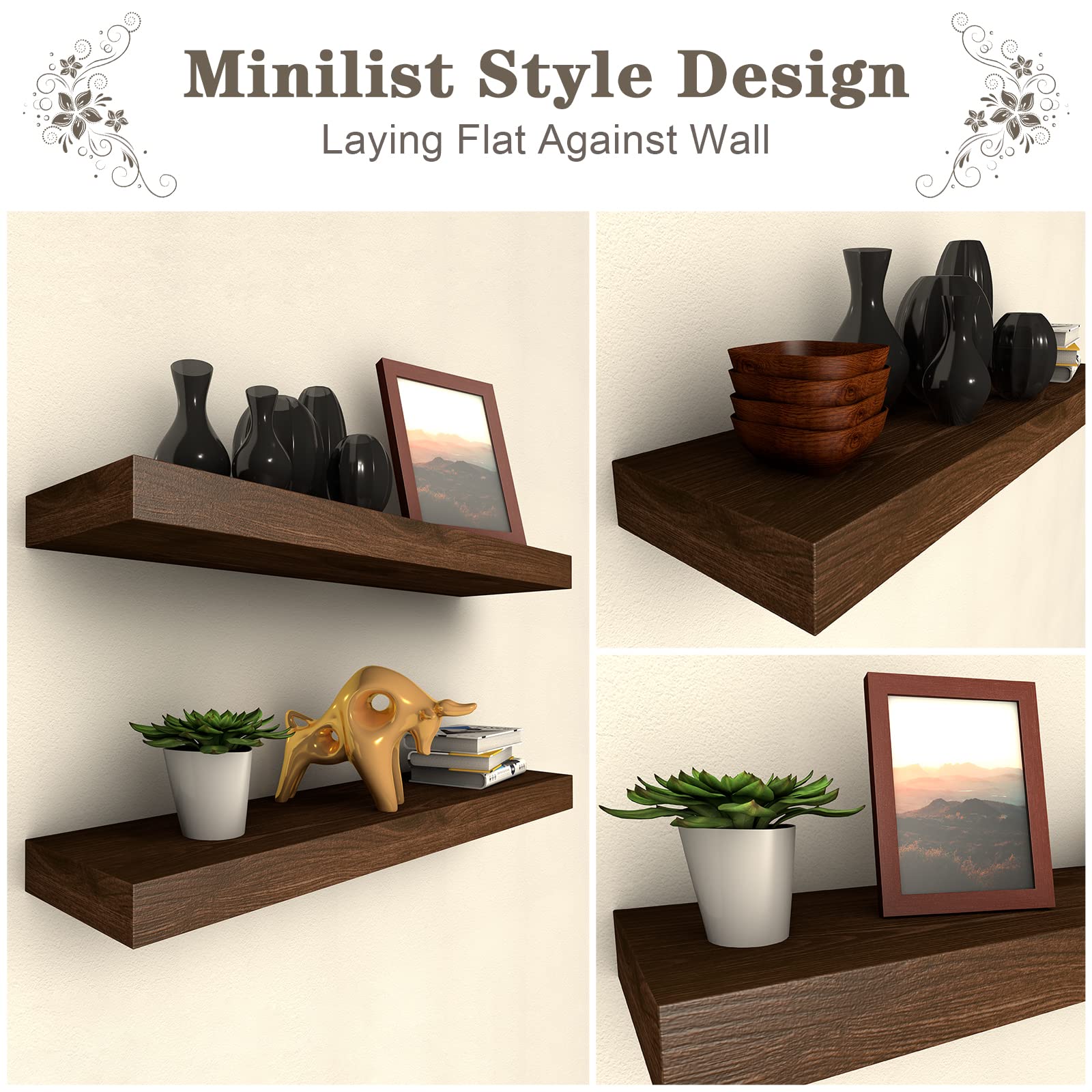 Rustic Dark Walnut Floating Shelves Set of 2 - 36 Inch Natural Wood Wall Mounted Storage Shelves for Bedroom, Living Room, Bathroom, Kitchen, Office & Farmhouse Decor - Perfect for Displaying Books, Plants, Photos and Home Decor Items