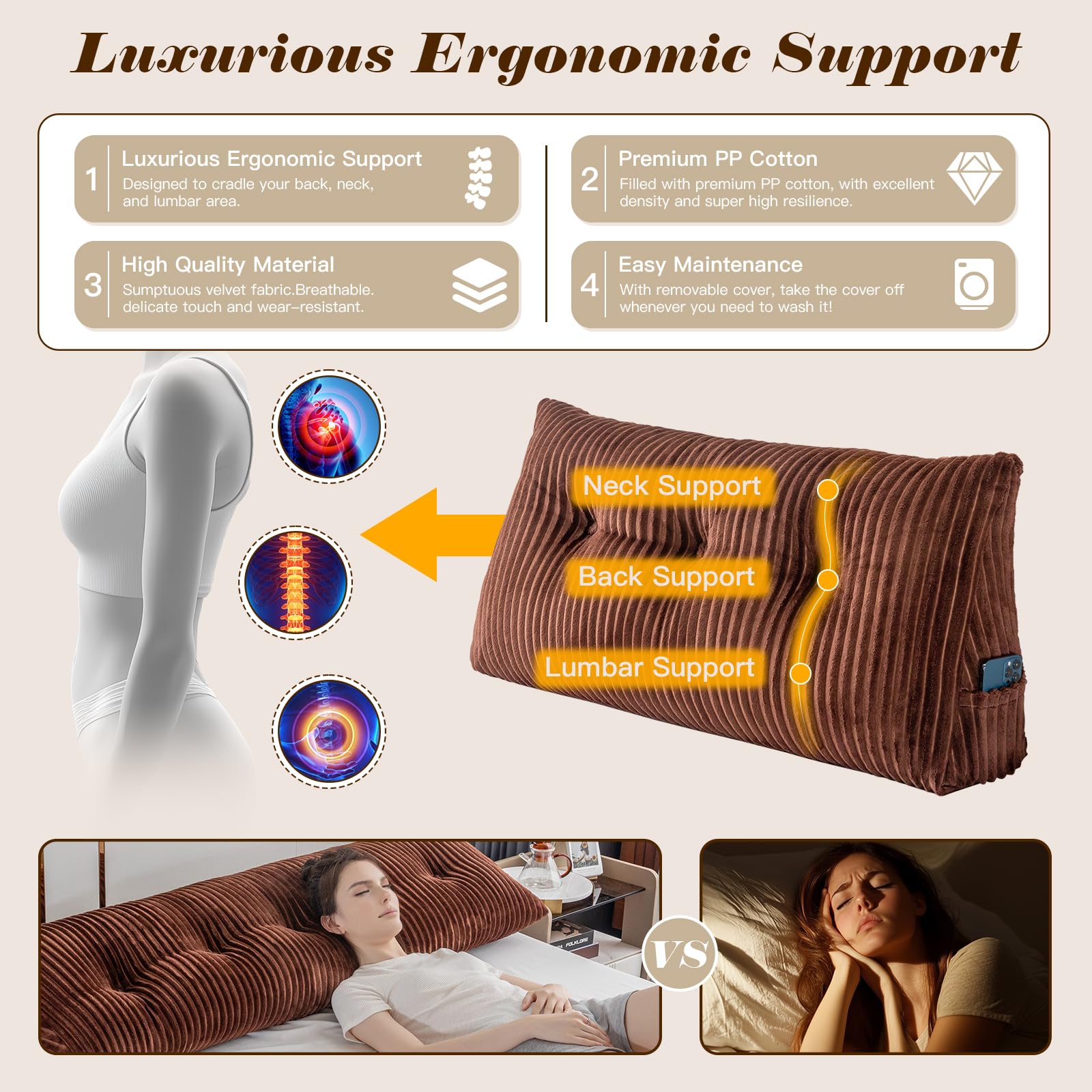 Queen Size Large Triangular Headboard Wedge Pillow - Bed Rest Reading Cushion with Removable Cover (59x8x20 Inches, Brown) - Perfect for Back Support, Reading in Bed, Watching TV, and Post-Surgery Recovery