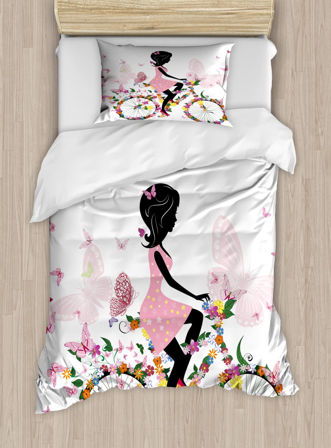 Ambesonne Twin Size Bicycle Duvet Cover Set - 2 Pack with 2 Duvet Covers & 2 Pillowcases, Pink Dress Girl Riding Bike Floral Butterfly Design, Soft Bedding for Girls Room, Teen Bedroom Decor, Perfect Gift for Cyclist Lovers - Ideal for Spring Summer Bedroom Makeover