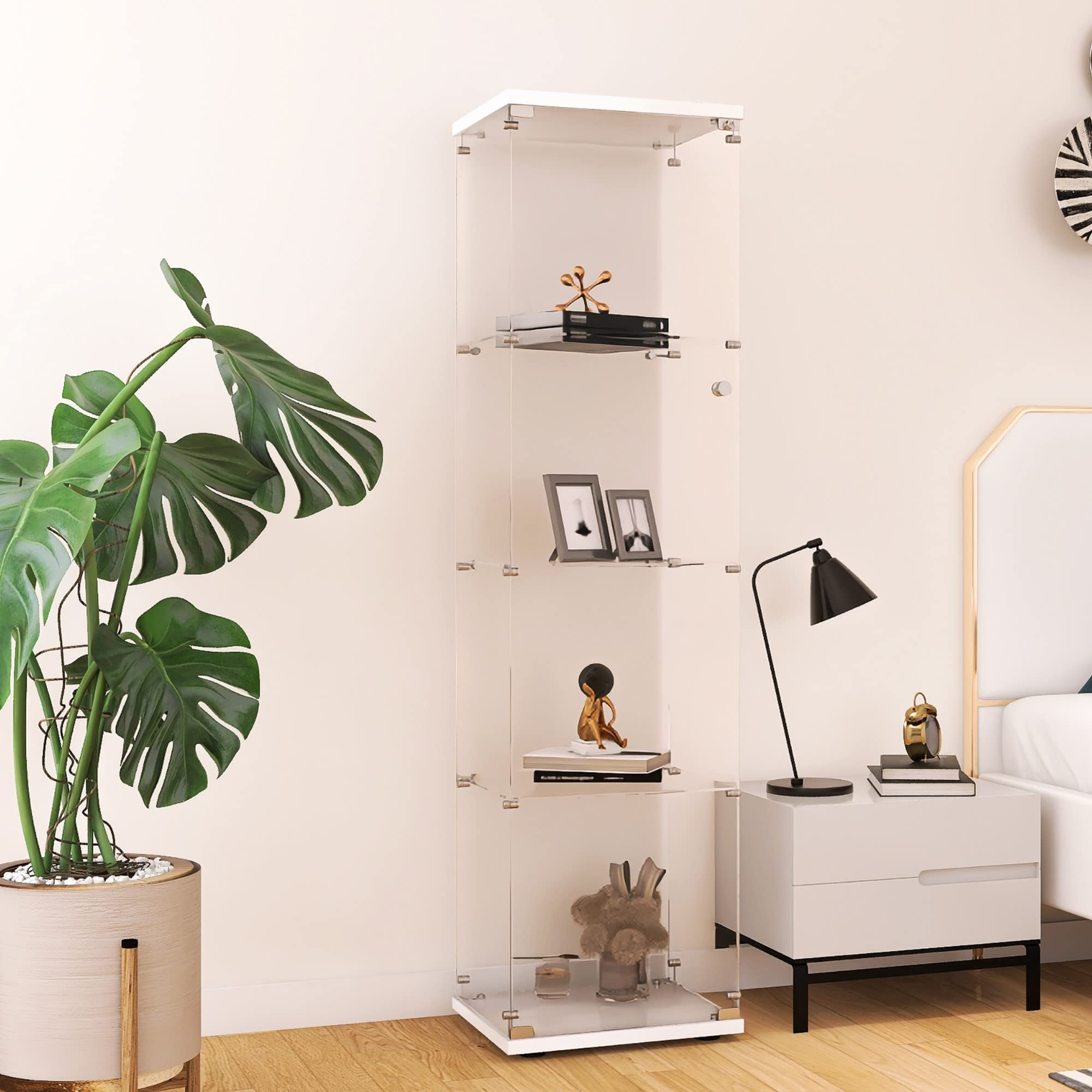 Beauty4U 4-Shelf Glass Display Cabinet - White Floor Standing Curio Cabinet for Living Room, Bedroom & Office - Quick Assembly Glass Bookshelf for Collectibles, Decor & Storage