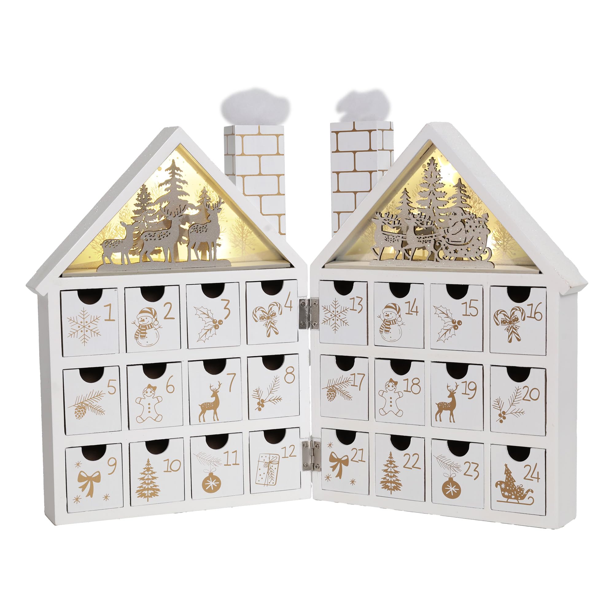 Wooden Christmas Advent Calendar House with 24 Drawers & LED Lights - Holiday Countdown Calendar for Christmas Decorations 2023, Candy Storage Box (White Forest) - Perfect for Home, Office & Gift Giving