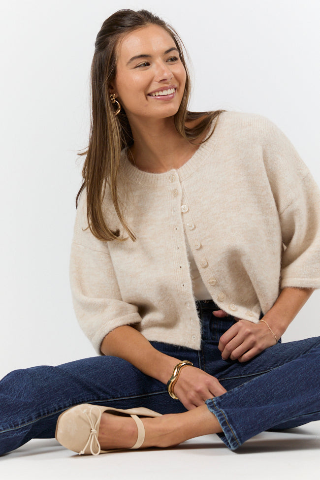 Beige Short Sleeve Crop Cardigan - Soft Summer Knit Sweater for Women | Perfect for Casual Outfits, Beach Cover-ups & Layering